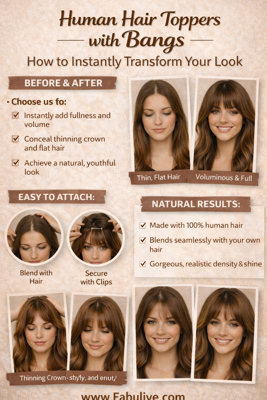 Human Hair Topper with Wispy Bangs for Thinning Hair Women main image 4