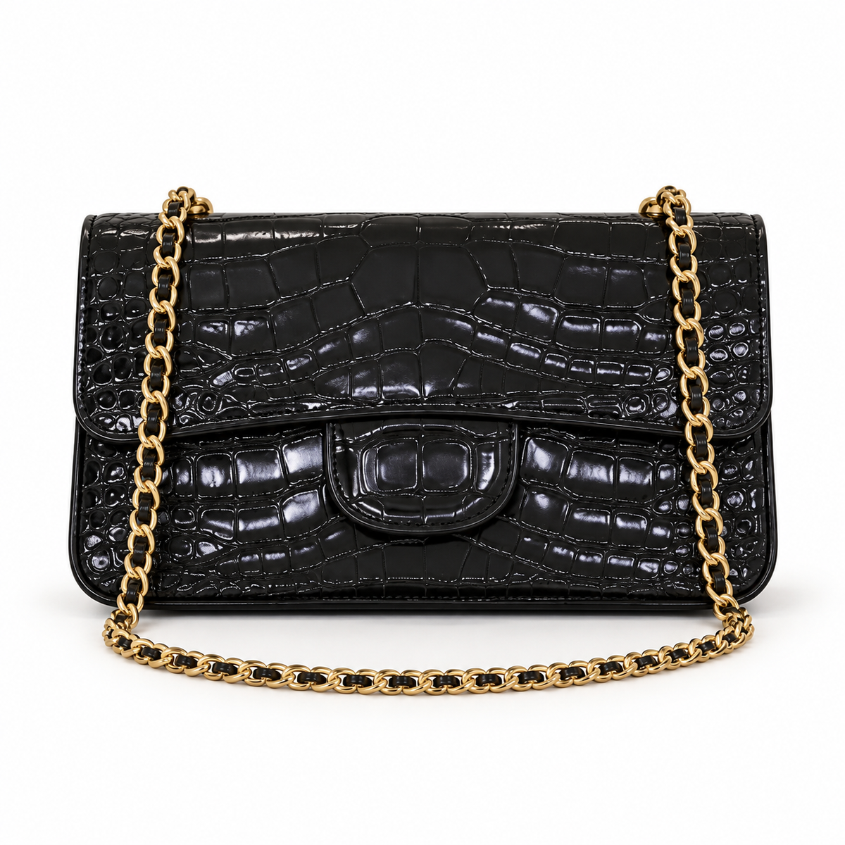 Black Crocodile Embossed Chain Crossbody Bag
