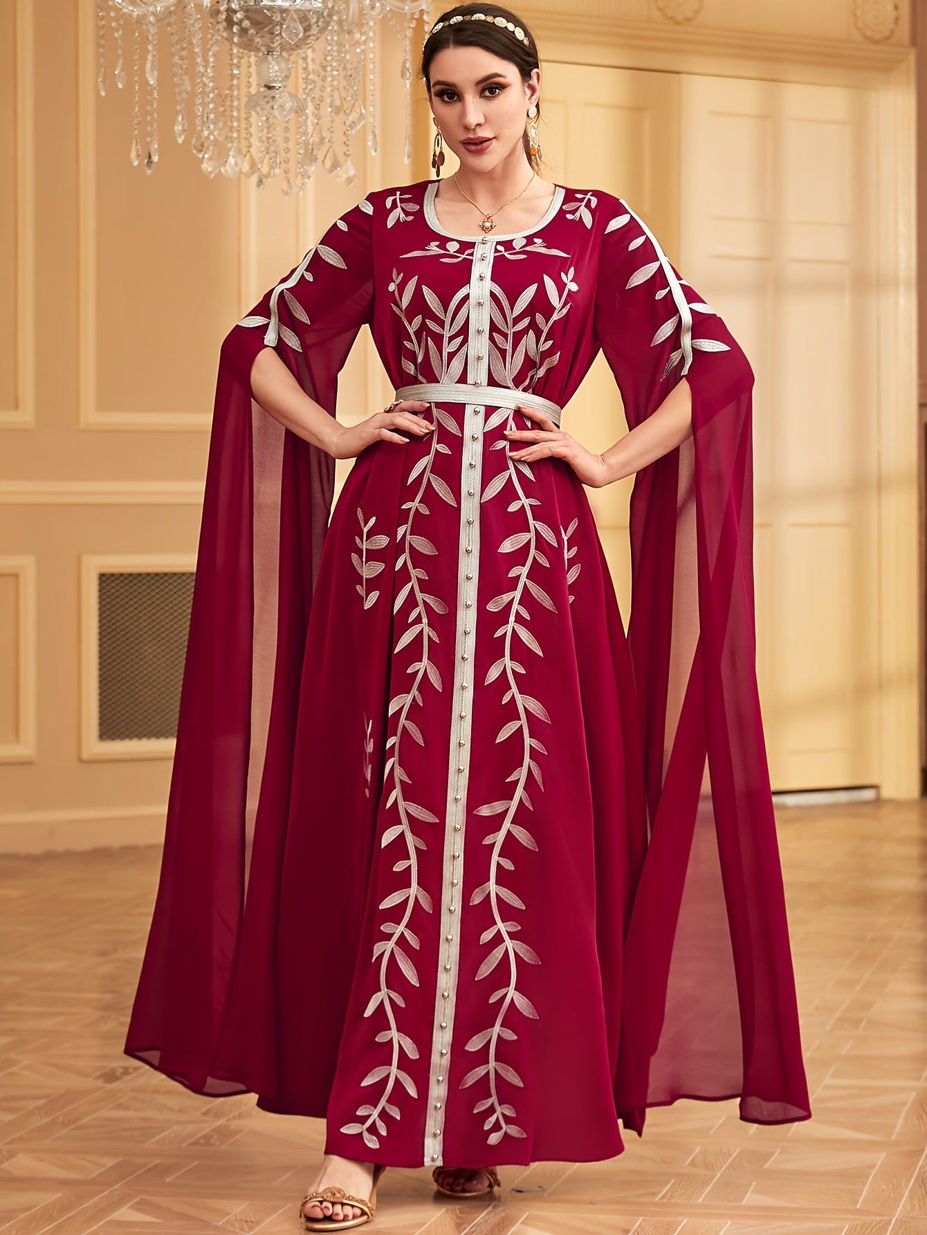 Middle Eastern-Inspired Embroidered Burgundy A-Line Kaftan Abaya with Ultra-Long Sleeves, Cinched Waist & Exaggerated Hem - Machine Washable Formal & Casual Elegance, Special Occasion