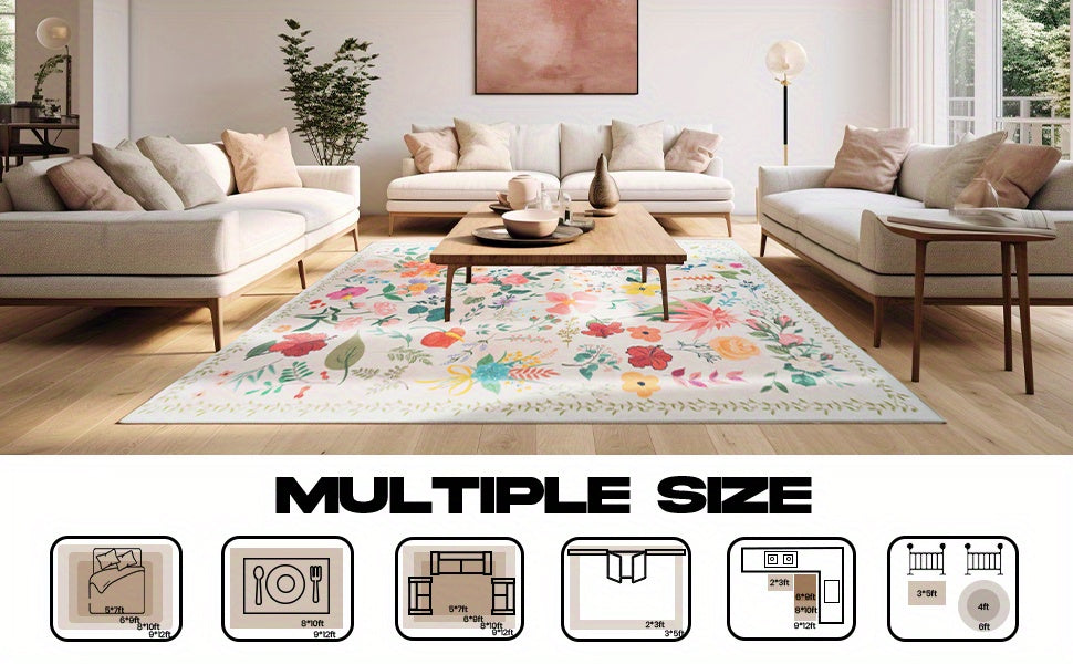 Vibrant Floral Print Area Mat - Soft Beige Imitation Cashmere, Anti-Slip & Machine Washable, Perfect for Living Room, Bedroom, or Home Decor, Rugs for Living Room