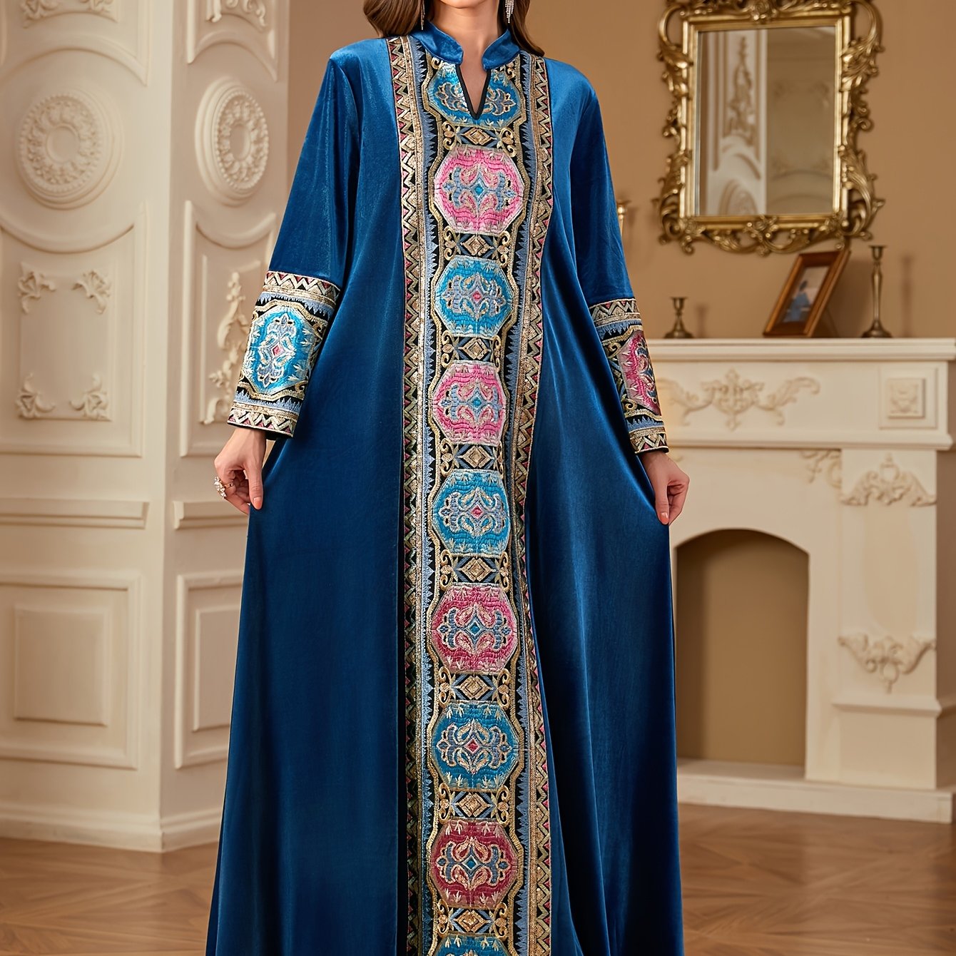 Women's Middle Eastern-Inspired V-Neck Long Sleeve A-Line kaftan Abaya - Burgundy with Multicolor Embroidery, Loose Fit Floor-Length Traditional Elegance for Autumn/Winter, Machine Washable
