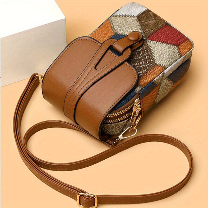 Stylish Retro Leather Crossbody Bag - Patchwork Rhombus Pattern & Multiple Compartments - Versatile Phone Wallet & Coin Purse