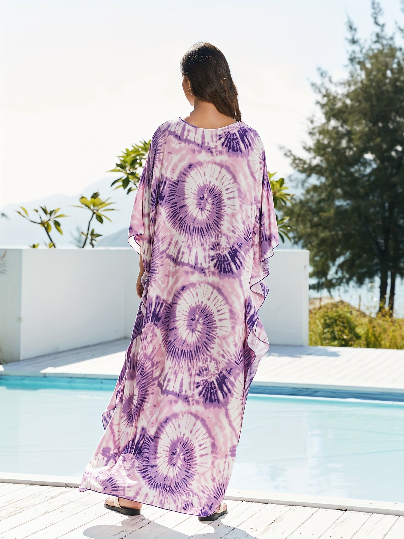 Women's Floral Print Beach Cover-Up Kaftan Dress Floral Pattern, V-Neck With Tie, Loose-Fitting Ethnic Style Casual Maxi Dress