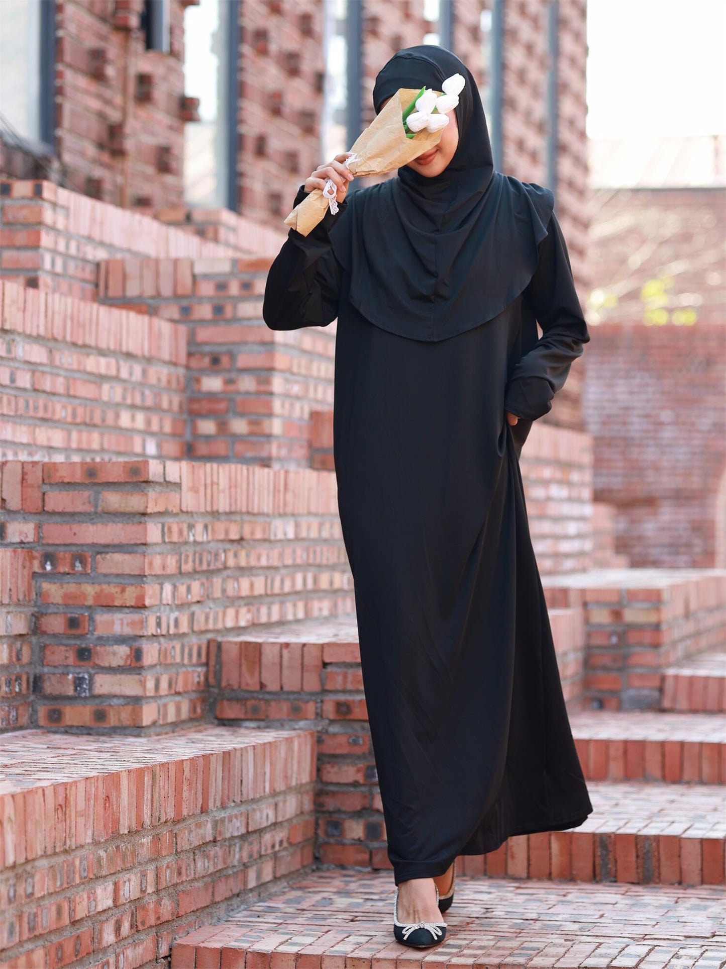 Elegant Black Muslim Arabic Abaya Kaftan - Modest Prayer Dress with Long Sleeves & Floor-Length Coverage, Middle Eastern-Inspired Stretchy Fabric, Machine Washable for Ramadan