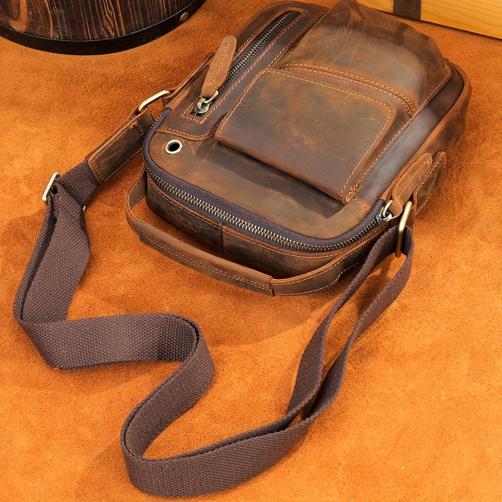 Men's Genuine Leather Vintage Crossbody Sling Bag - Coffee Brown Adjustable Strap, Large Capacity Anti-Theft Multi-Compartment