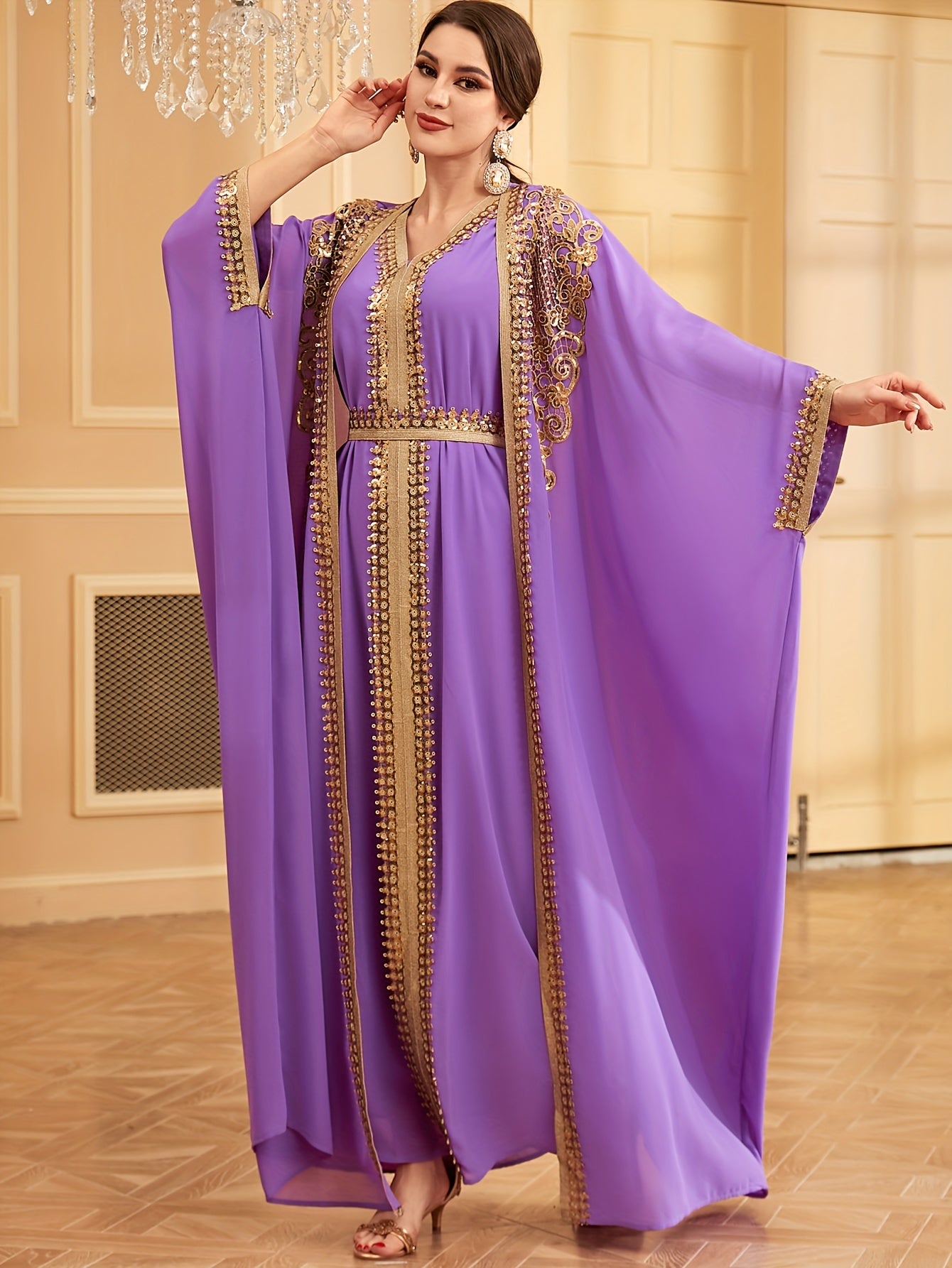 Middle Eastern Muslim Lace Weft Vest Abaya Gown Dress + Cardigan Sequin Embroidery Bat Sleeve Loose Robe Jacket Two-piece Set