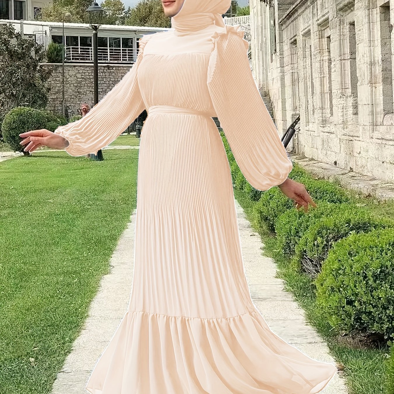 Women's Middle Eastern Muslim Baju Abaya Dress - Solid Color Pleated Long Sleeve with Belted Waist, Lightweight Breathable Fabric, Machine Washable Traditional Modest Dress