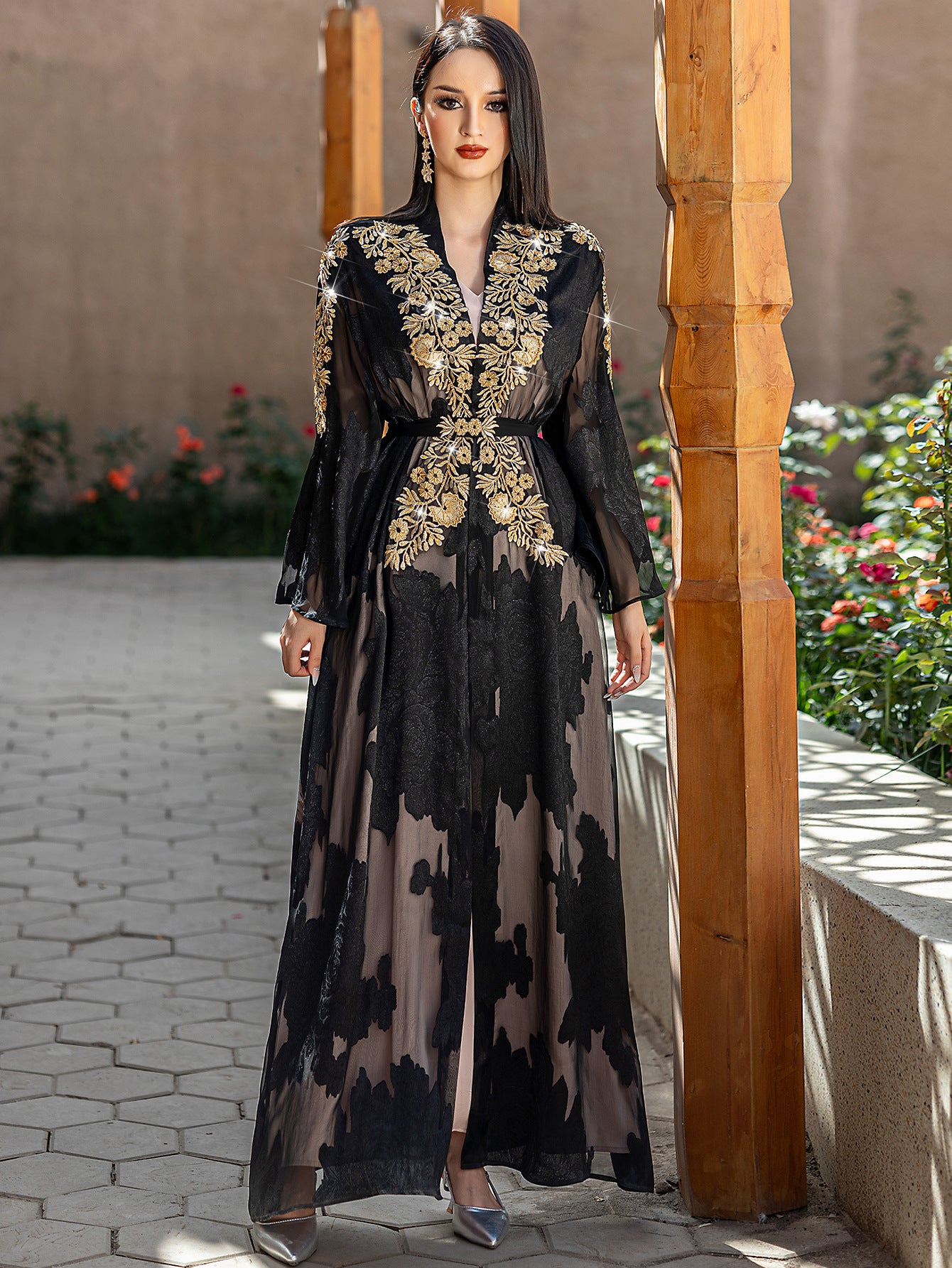 Two-Piece Black and Golden Embroidered Abaya with Belt - Elegant Long Sleeve, Flowing Ethnic Style, Non-Stretch Fabric, Perfect for Spring/Summer, Cultural Attire|Elegant Abaya|Satin Finish