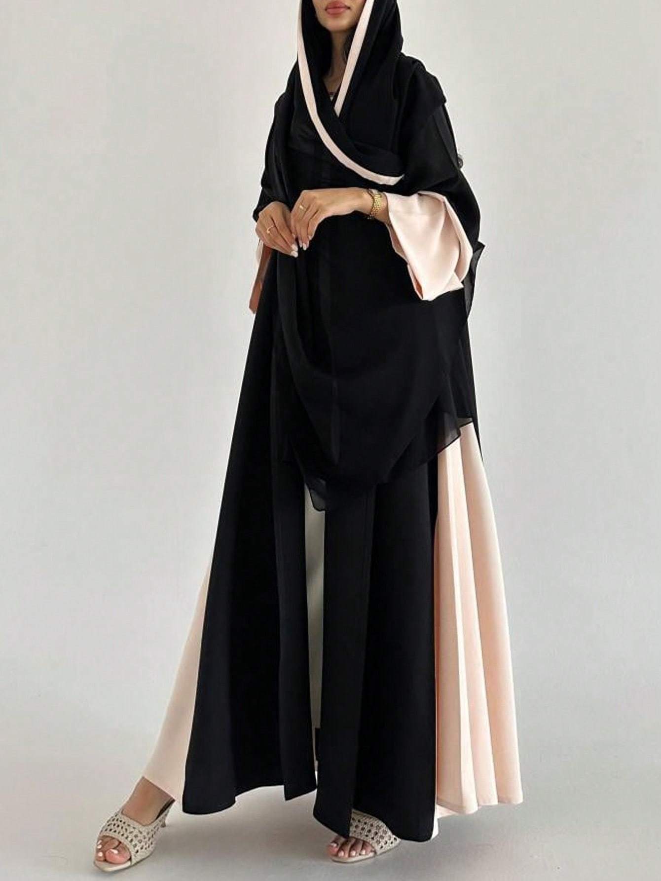 Women's Elegant Black & Beige/ Pink Two-Tone Abaya Burqa - Loose Fit Long Sleeve Maxi Dress, Non-Stretchy Islamic Gown for Everyday & Special Occasions, All-Season Muslim Formal Attire