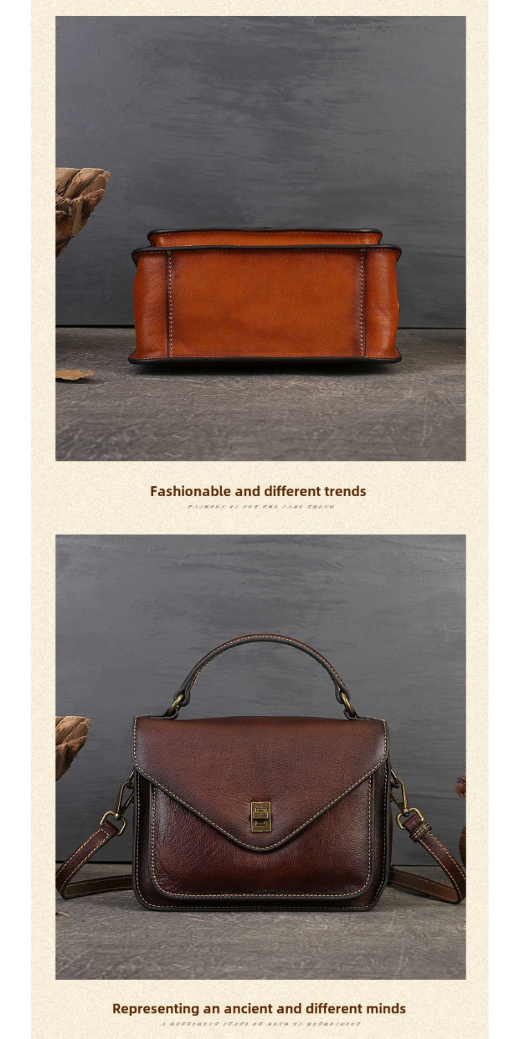 Women's Genuine Leather Retro Messenger Bag - Adjustable Crossbody & Shoulder Strap, Snap Closure, Durable Oil-Edged Trim