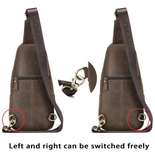 Genuine Top-Grain Leather Sling Bag for Men, Casual Rivet Accent Crossbody Chest Bag with Adjustable Shoulder Strap, Zipper Closure