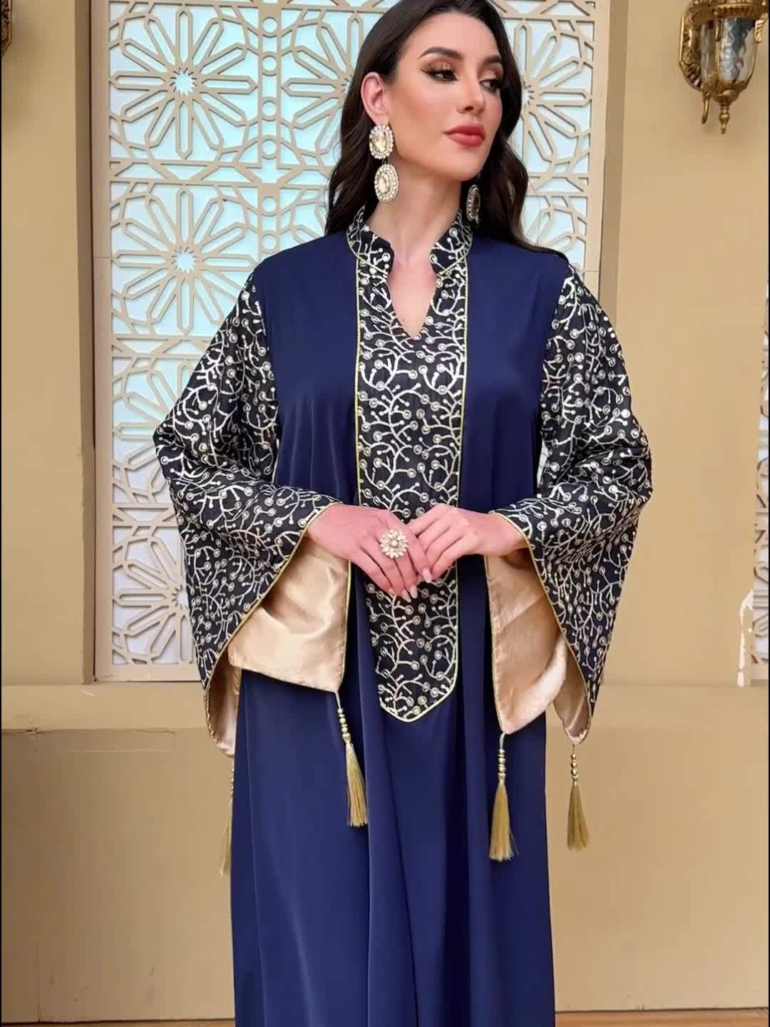 Elegant Muslim Kaftan Abaya Evening Dress with Floral Embroidery & Tassel Flare Sleeves - Navy Blue Maxi Abaya for Women, Middle Eastern-Inspired Traditional Gown, Hand Wash/Dry Clean