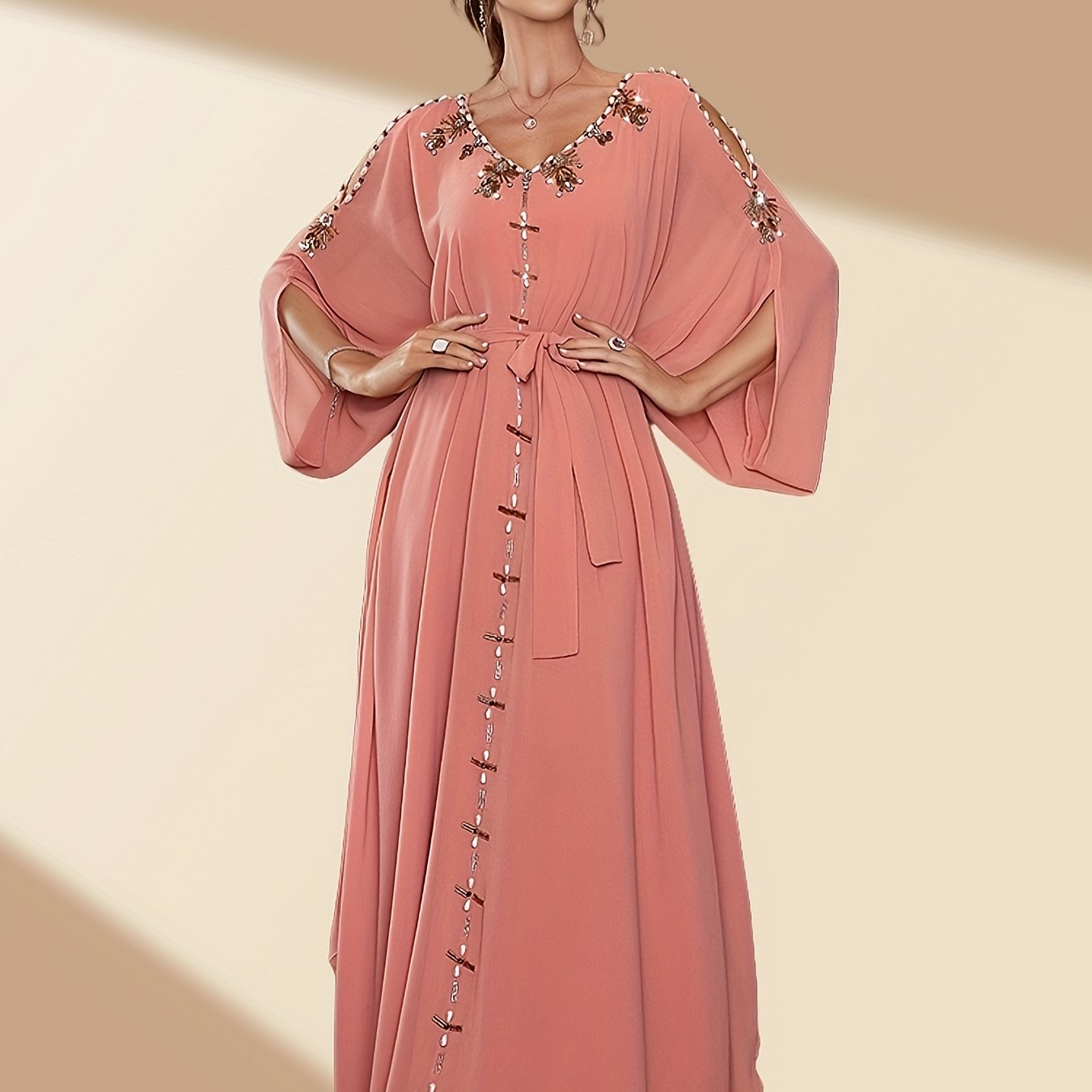 1pc Elegant Off-Shoulder Maxi Modern Abaya with Handcrafted Pearl Embellishments, Solid Color Polyester, All-Season Woven Gown with Large Flounce Sleeves