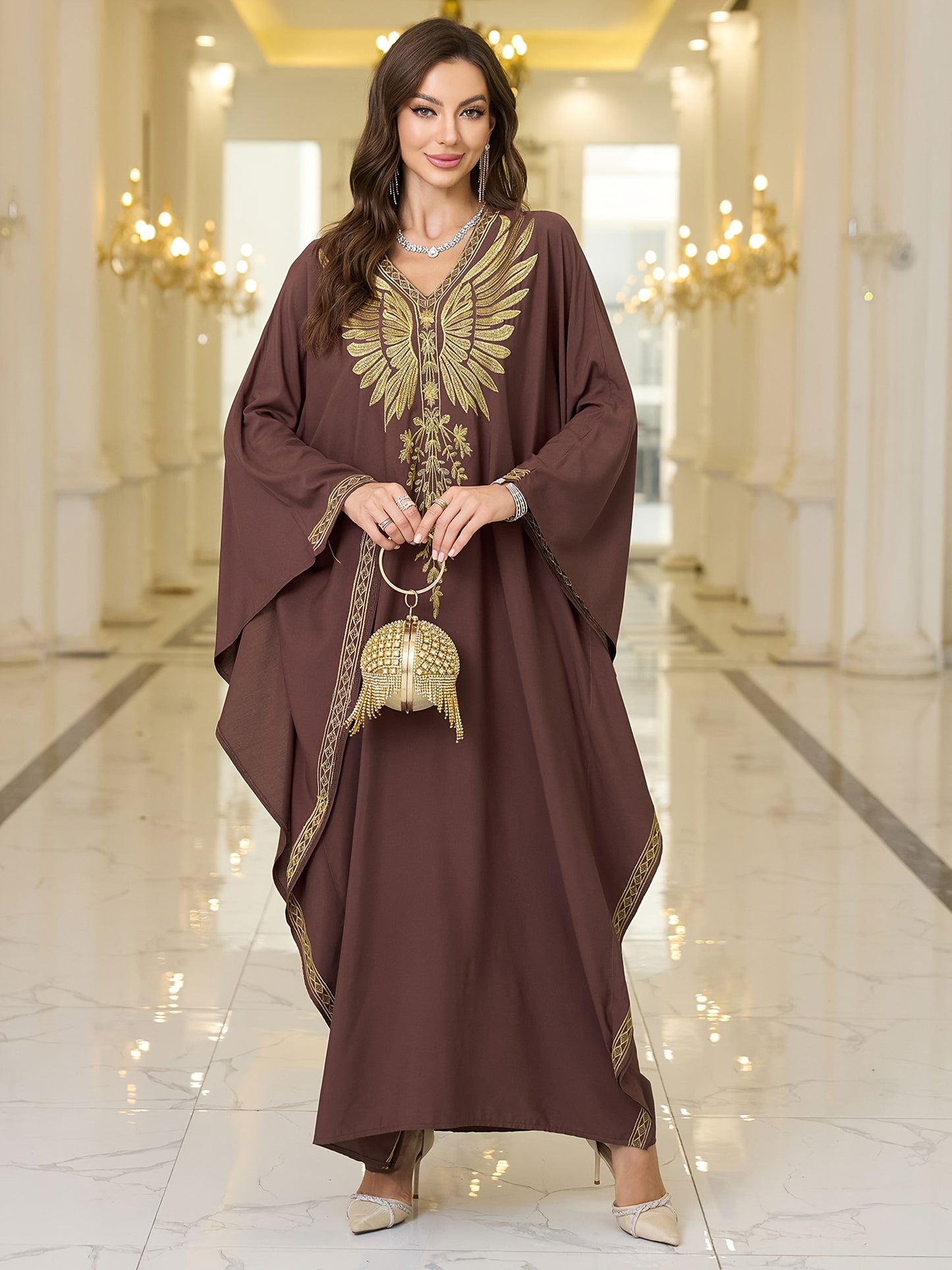 Elegant Plus Size Kaftan Dress with Embroidered Wings - V-Neck, Batwing Sleeves Abaya, Loose Fit Maxi Dress for Women - Suitable for Casual Wear, Parties & Special Occasions - Perfect Gift for Women