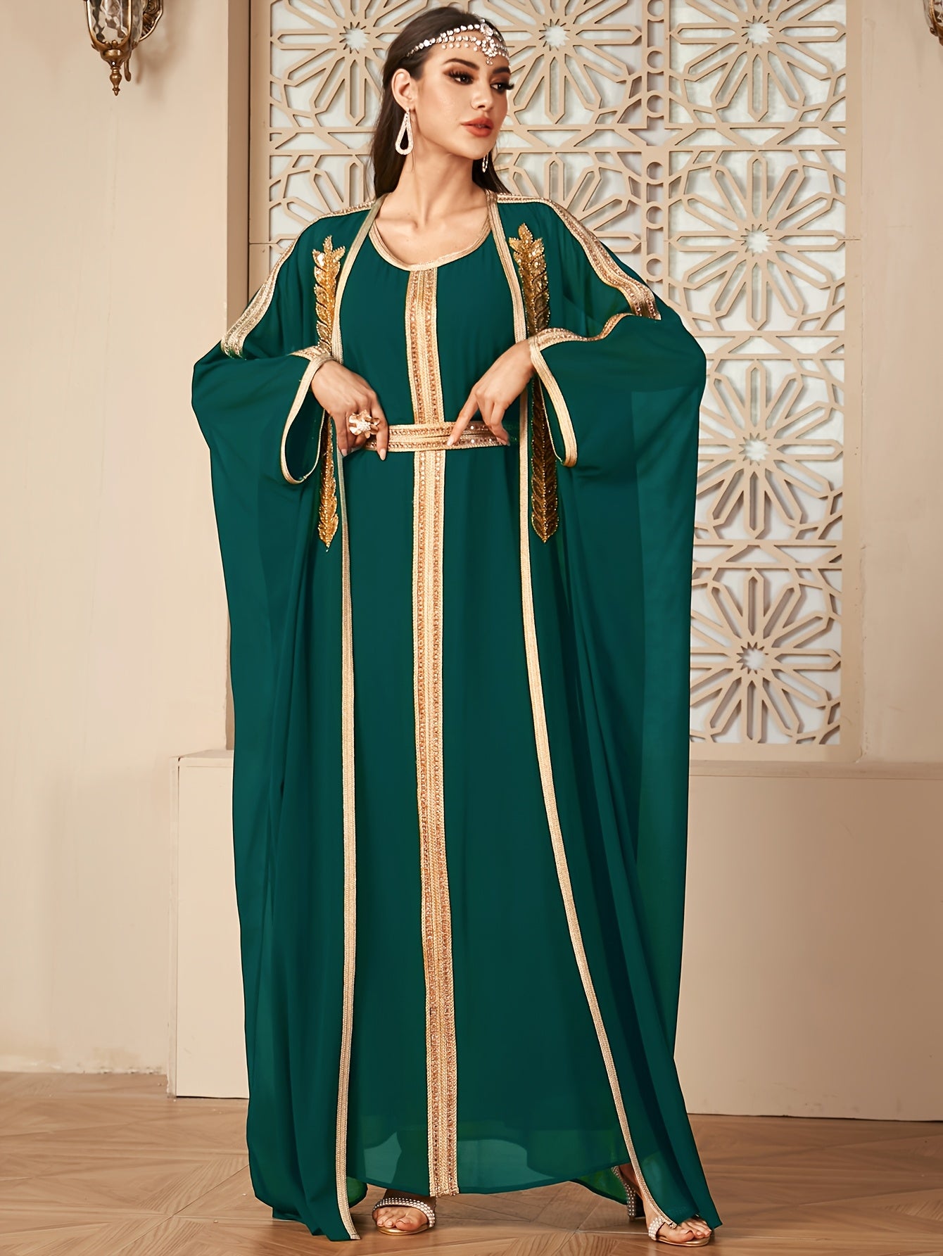 Middle East New Arrival Vest Abaya Dress + Open Cardigan Sequin Paneled Webbing Batwing Sleeve Long Robe Two-Piece Dress Set