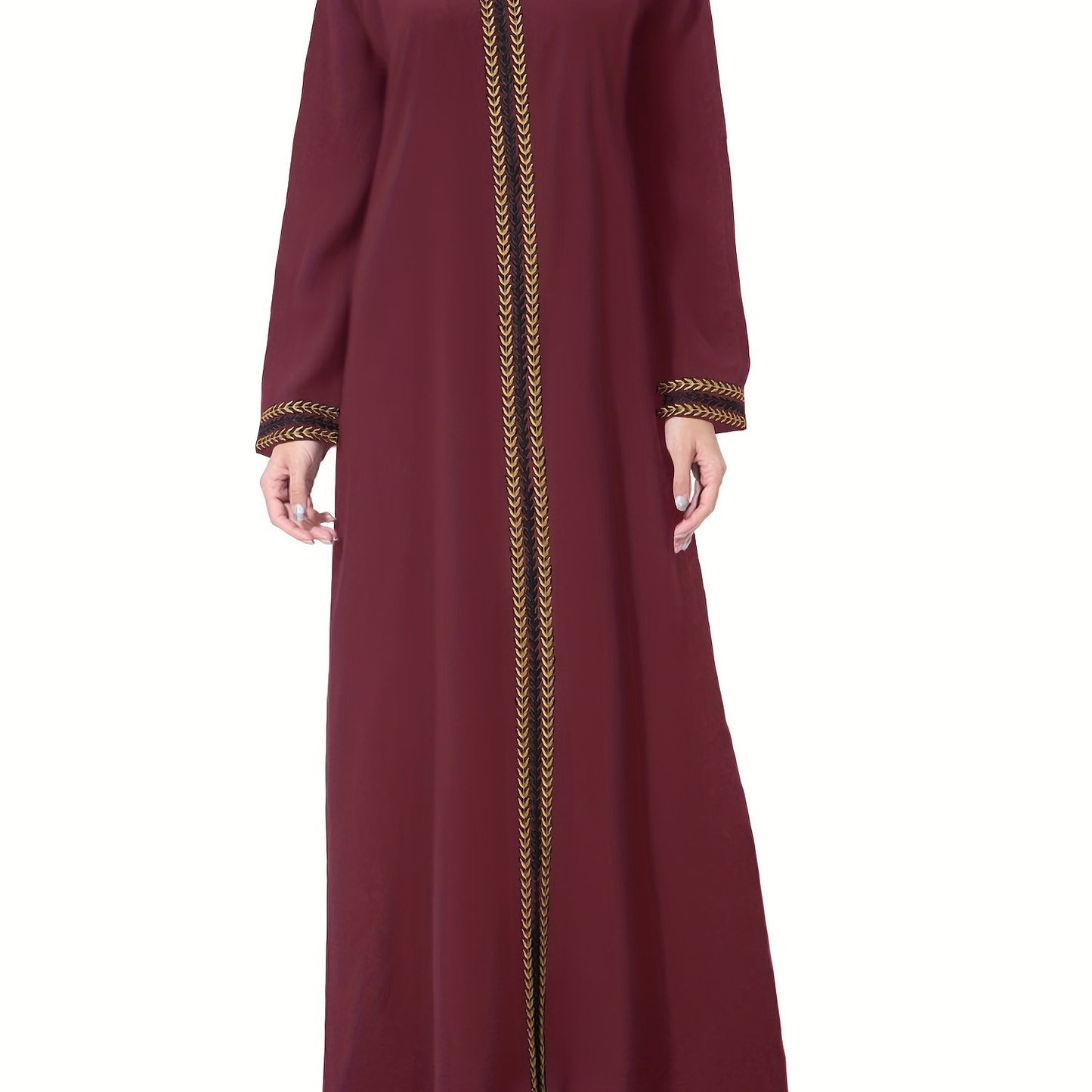 Navy Blue Muslim Kaftan Dress | Elegant Jibab Abaya, Golden Embroidery, Sleeve, Loose Fit, Maxi Length, Hijab-Friendly Design, All-Season Wear