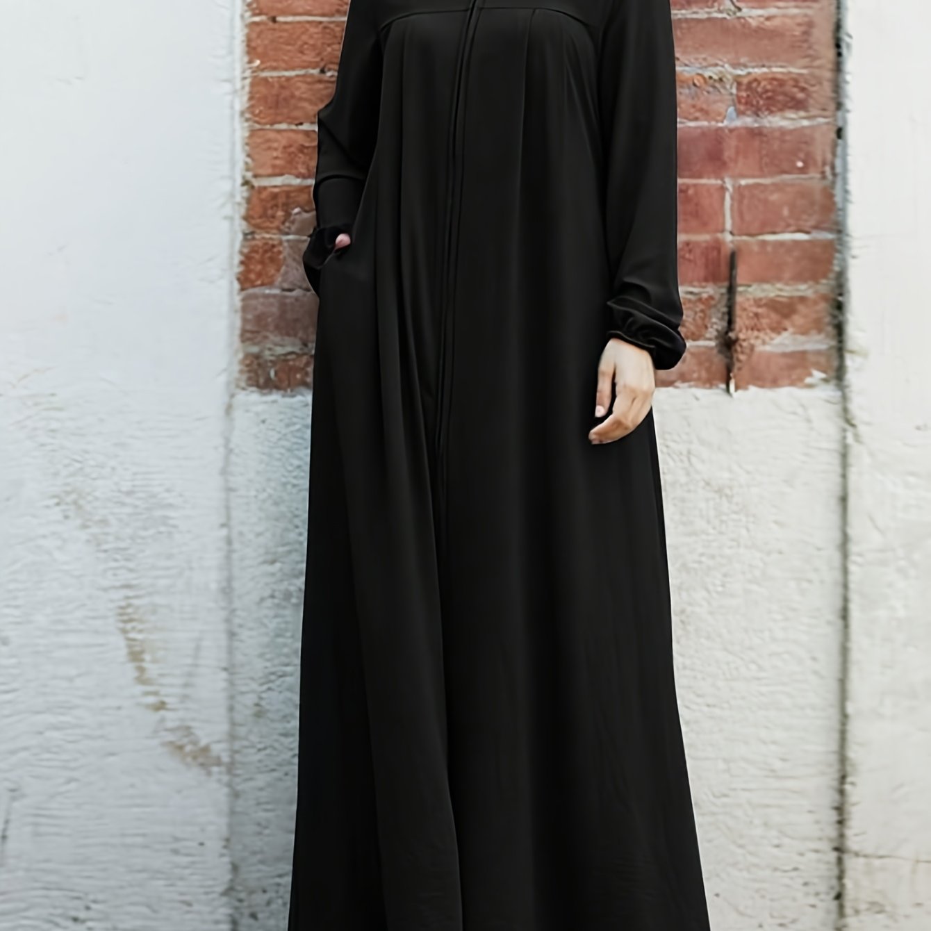 Elegant Black Long Sleeve Palestinian Abaya Dress with Zipper Pockets - Casual Loose Fit, Collared Neckline, Traditional Middle Eastern Style, Comfortable Women'S Dress|Casual Elegance|Pocketed Dress