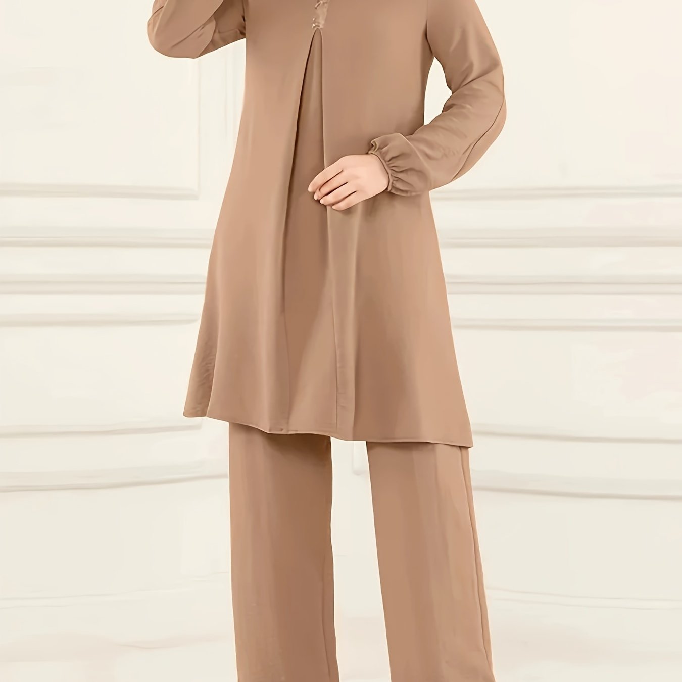 Ramadan Elegant Pure Muslim Two Piece Set, Long Sleeve Round Neck Top and straight-leg Pants Jilbaab Outfits, Women Clothing