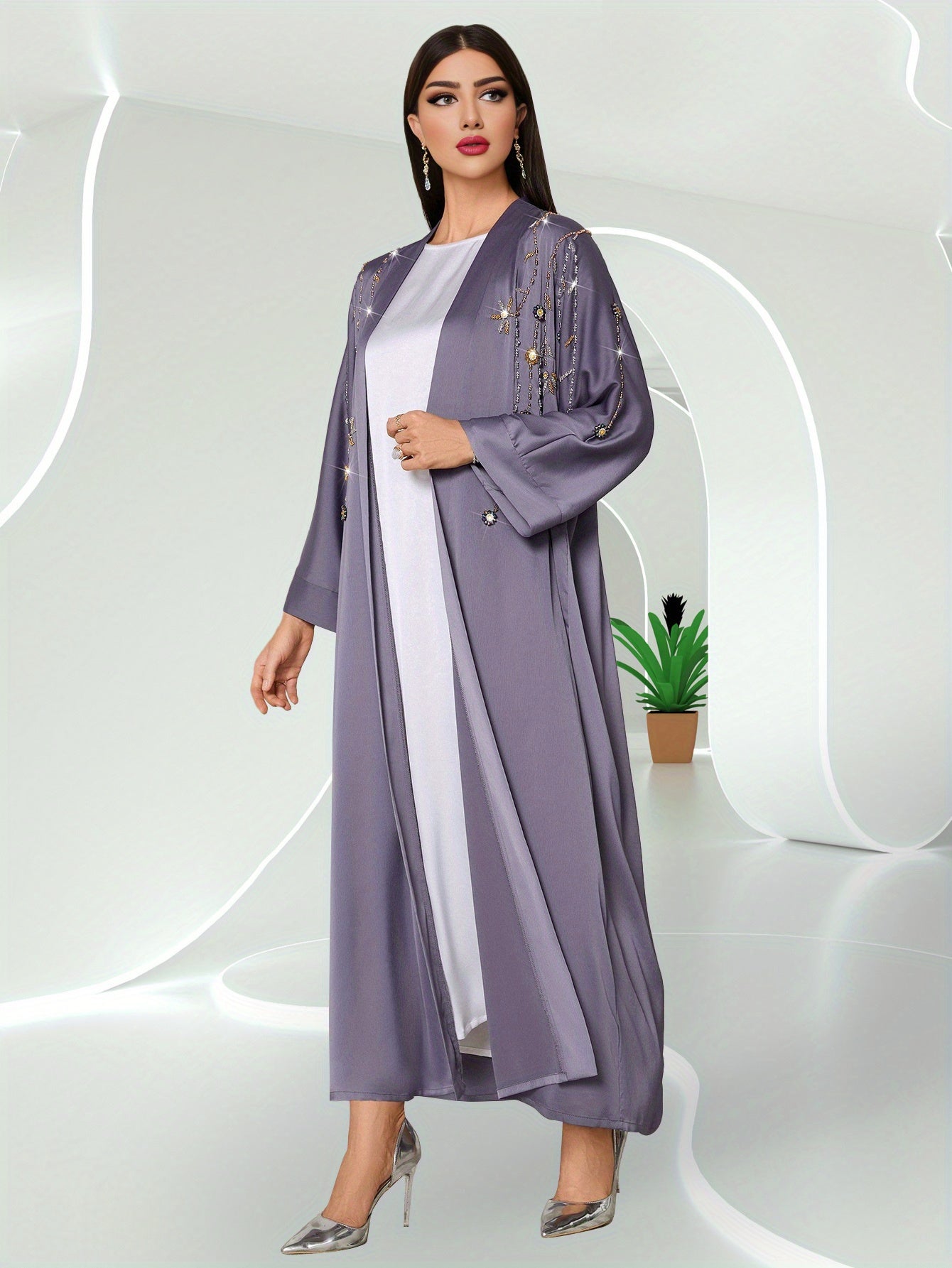 Elegant Green & White Long Tunic Dress with Beaded Detail - Casual Turkish Abaya Style, Long Sleeve, Floor-Length, Perfect for Spring/Summer, Casual Summer Wear | Elegant Long Dress | Texture
