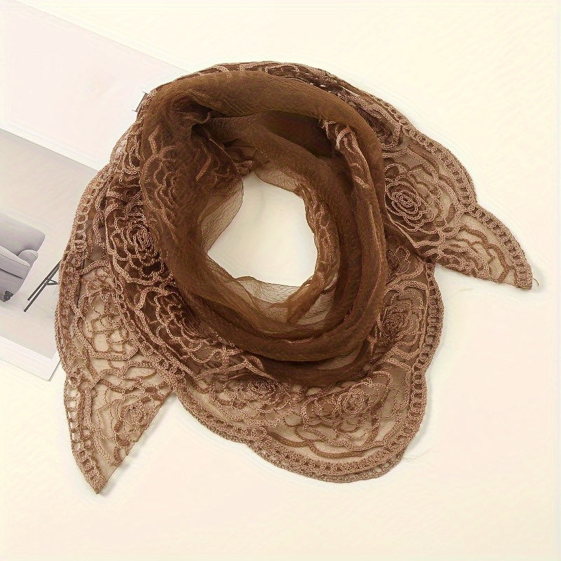 Thin Gauze Paisley Embroidery Elegant Square Scarf | Casual Rusty Brown Head Wrap