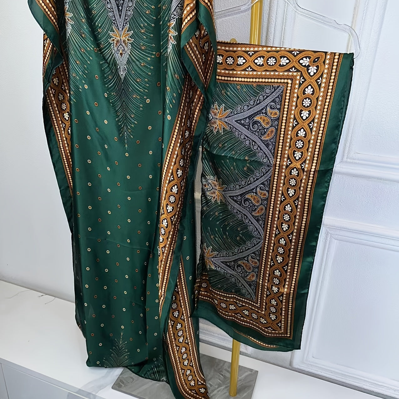 Print Abaya | Women's Clothing | Elegant Short Batwing Sleeve Kaftan | Loose Dress With Scarf | For Spring & Summer