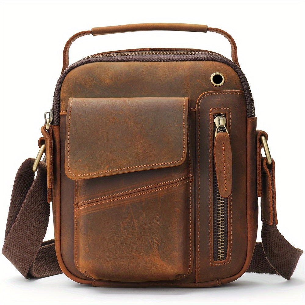 Men's Genuine Leather Vintage Crossbody Sling Bag - Coffee Brown Adjustable Strap, Large Capacity Anti-Theft Multi-Compartment