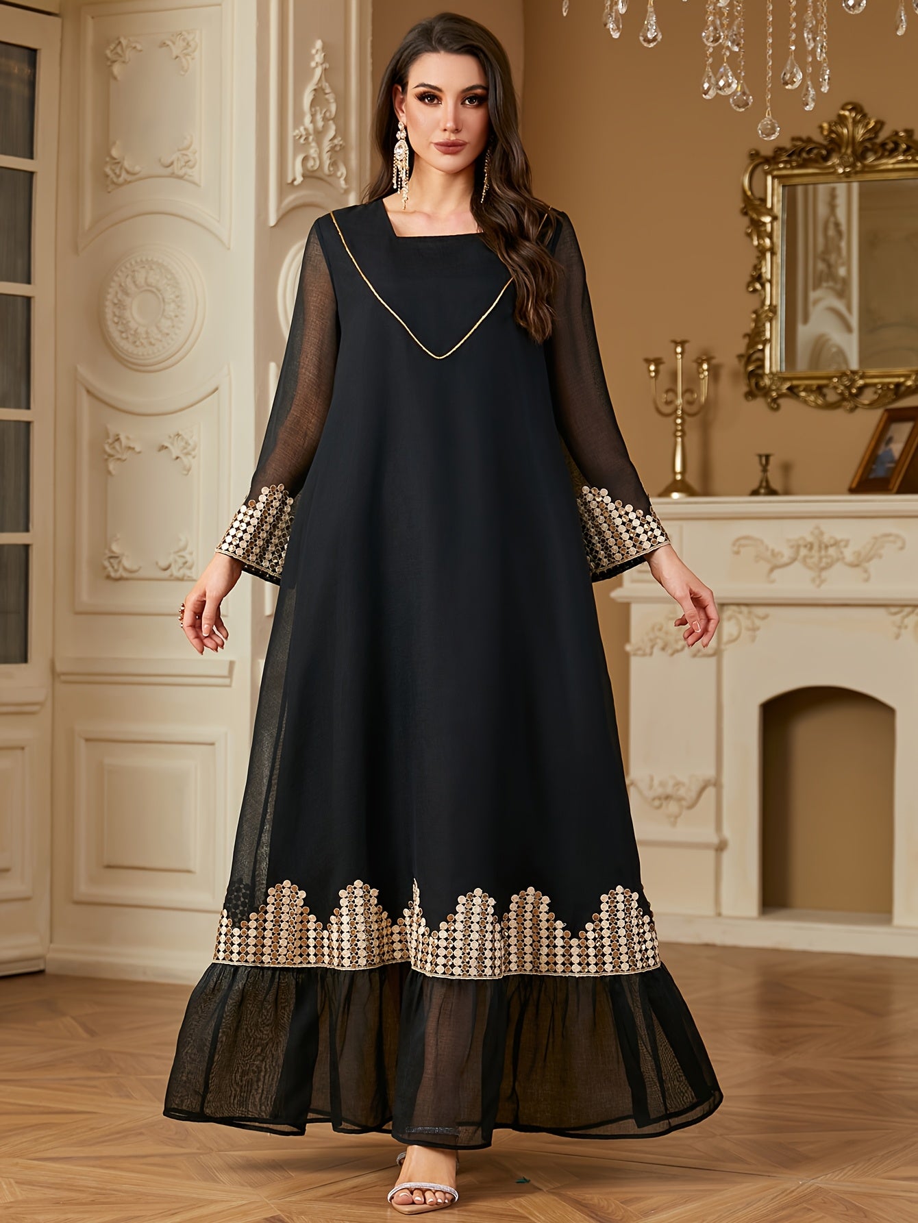 Elegant Black Square Neck Long Sleeve A-Line Modern Abaya with Golden Embroidery & Belt Accents - Machine Washable Formal & Casual All-Season Wear, Chic Dress, Evening Wear