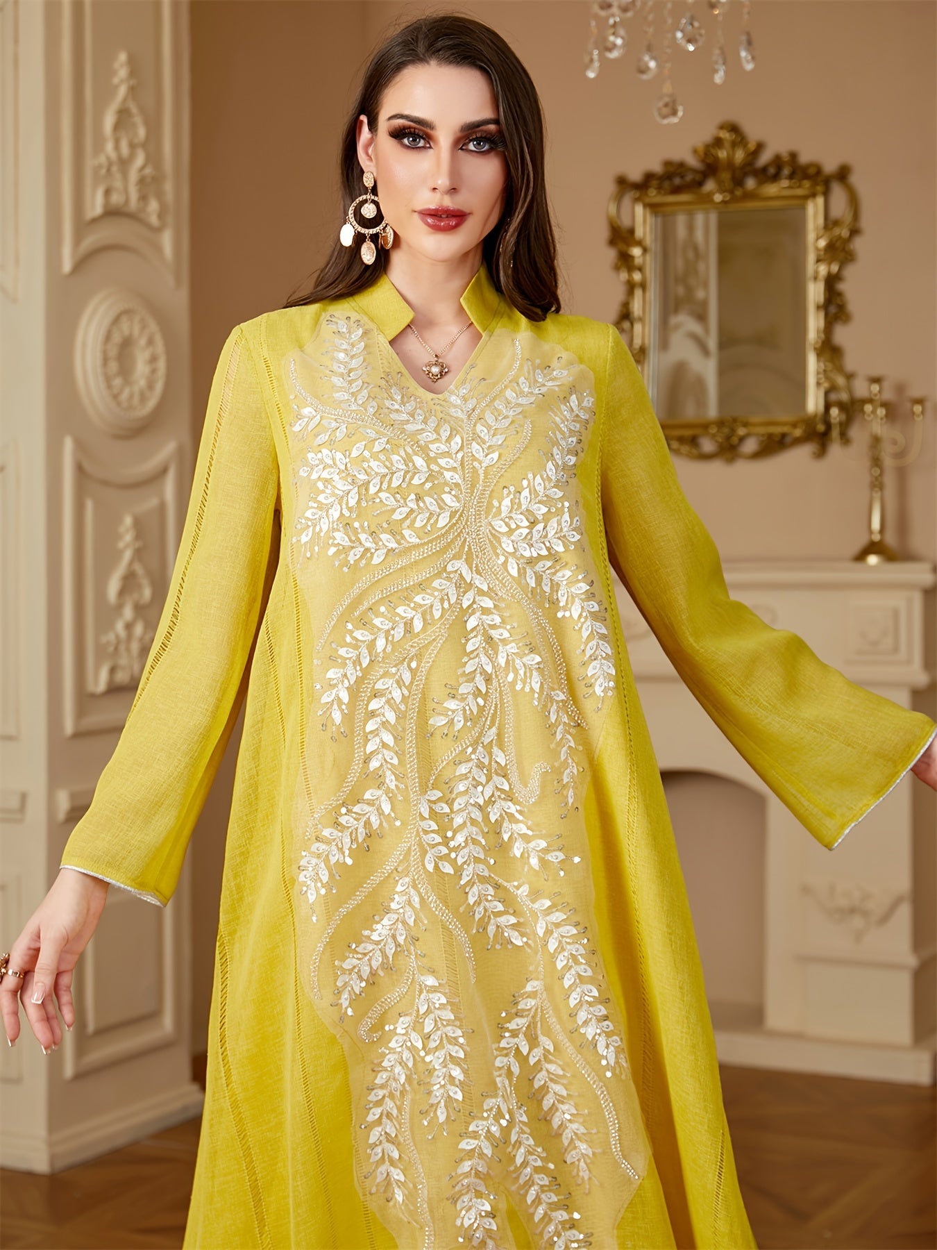 Ramadan Muslim Women's Fashion Beading Emirati Abaya Dubai Notched Stand Collar Dresses Mesh Sleeve Kebaya Casual Loose Clothing