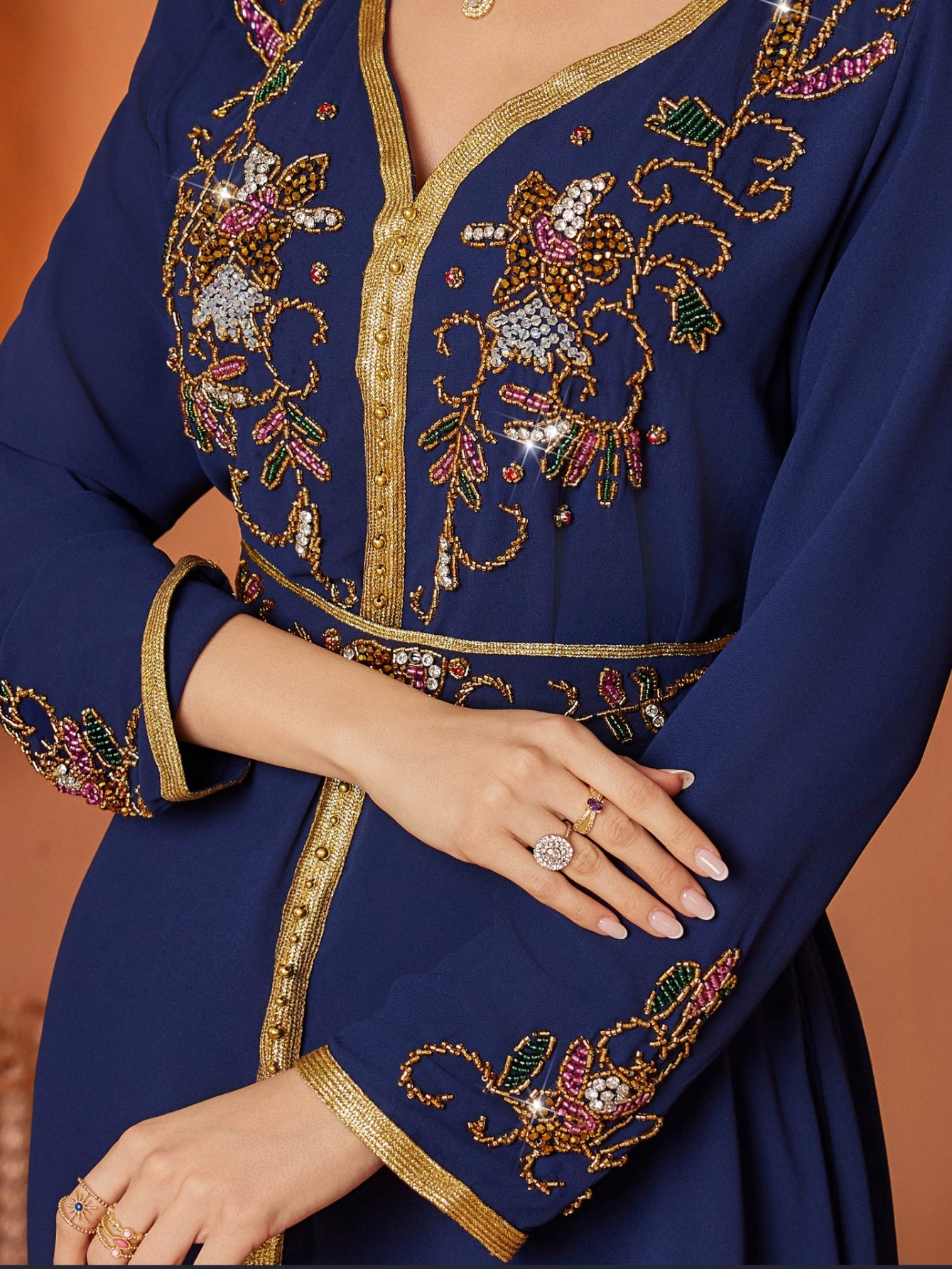 Elegant Navy Blue Embroidered Abaya Dress with Golden Accents and Belt - Long Sleeve, V-Neck, Polyester, Perfect for Spring/Summer, Women's Fashion, Elegant Event Attire|Vneck Dress|Polyester Fabric