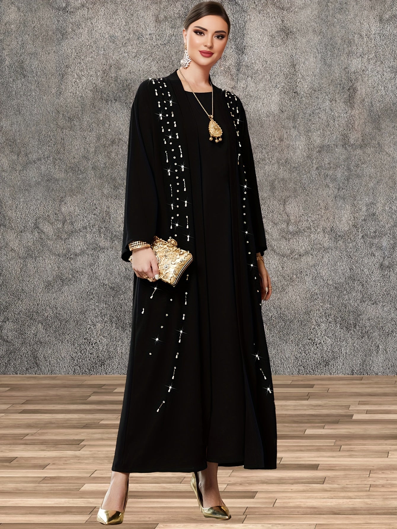 Elegant Black Maxi Kaftan Cardigan with Pearl Accents - Long Sleeve, Open Front Abaya, Polyester, Non-Stretch Fabric for Women | Ideal for Middle Eastern Style & Travel Outfits