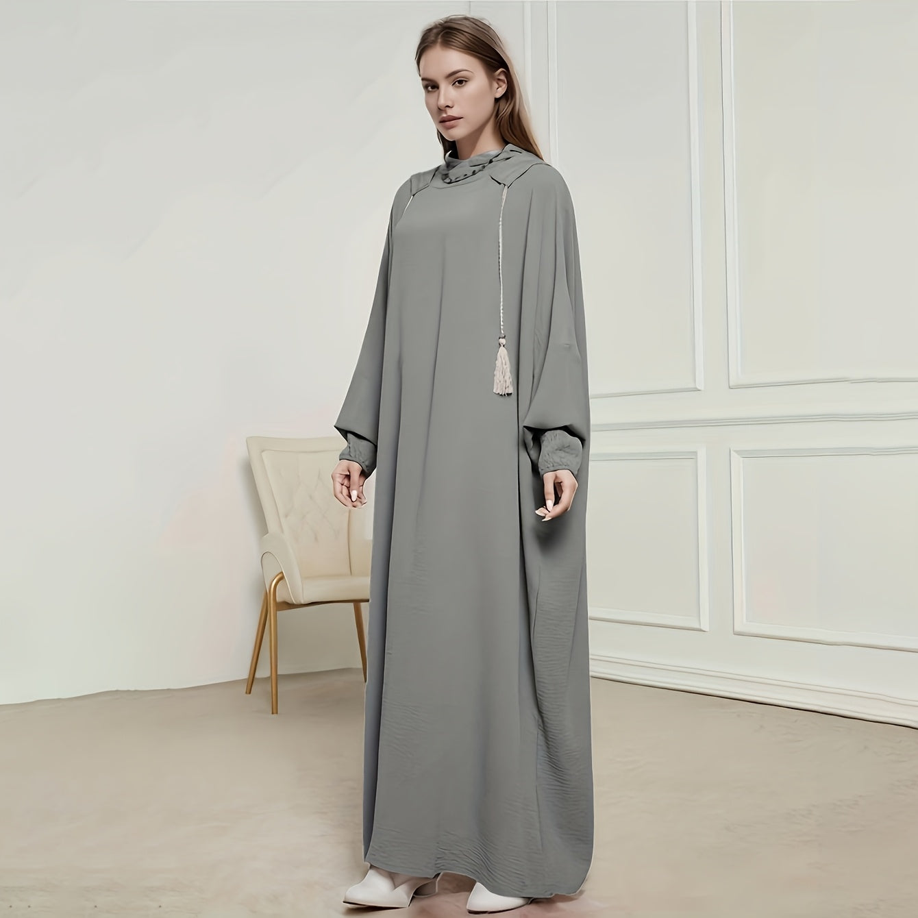 Elegant Solid Brown Crinkle Polyester Jibab Abaya with Hood - Breathable Loose Fit Women's Casual Hijab Dress for Outdoor Wear, Comfortable Wear | Flowing Garment | Smooth Texture