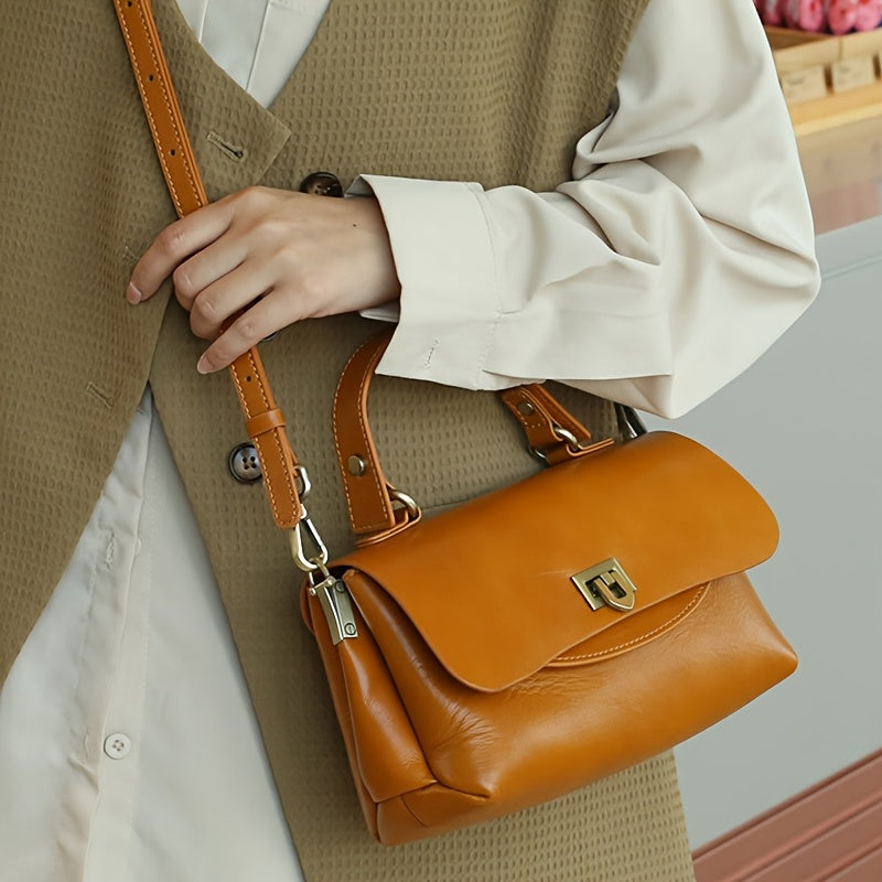 Genuine Leather Handbag for Women 2025 Vintage Lightweight Adjustable Crossbody Shoulder Bag with Snap Closure, Multiple Compartments