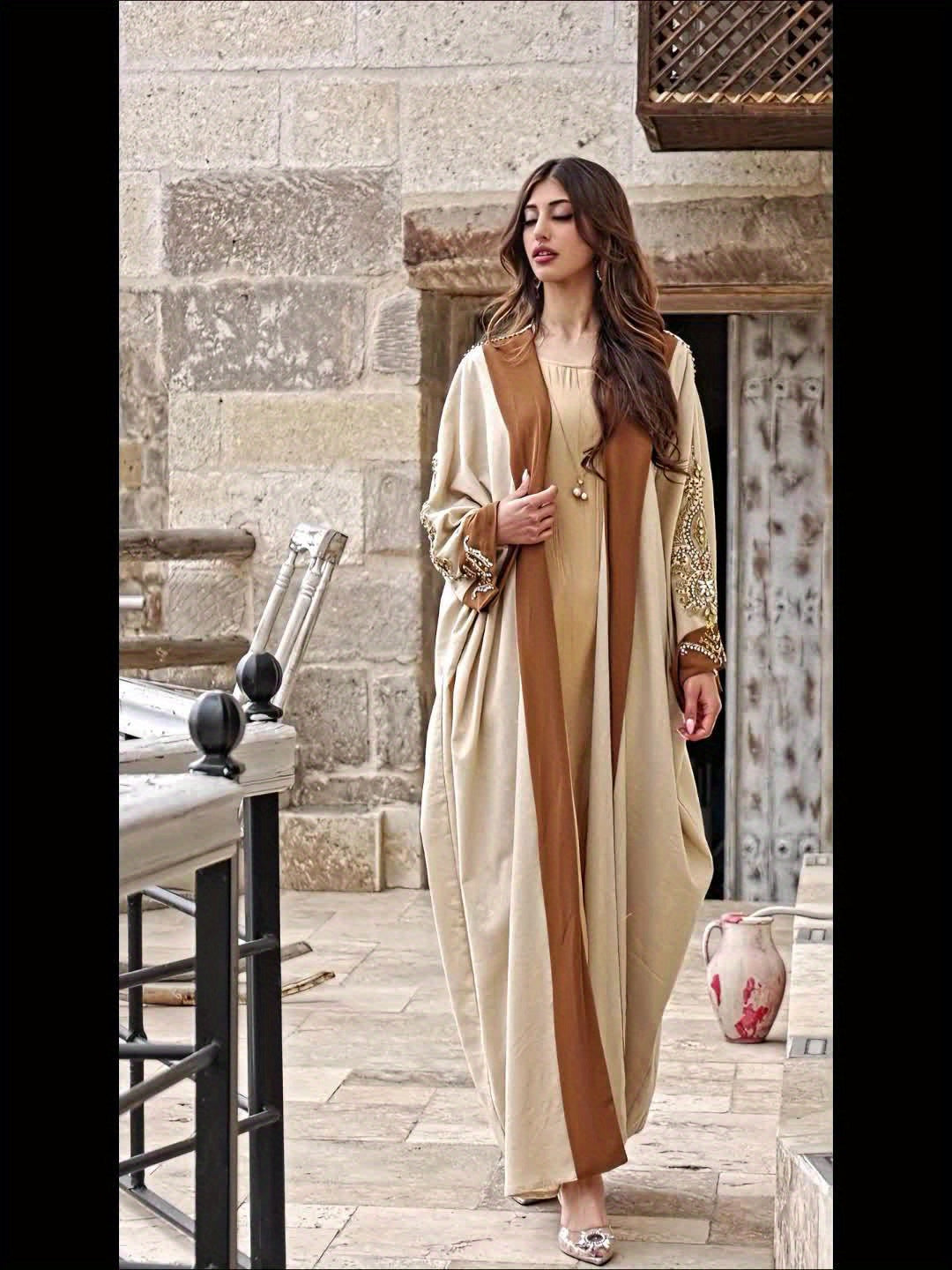 Arabian Kimono Abaya Kaftan - Elegant Beige Long Sleeve Batwing Robe with Hand-Sewn Rhinestone Embellishments, Floor-Length Traditional Cover Dress for Women, Parties