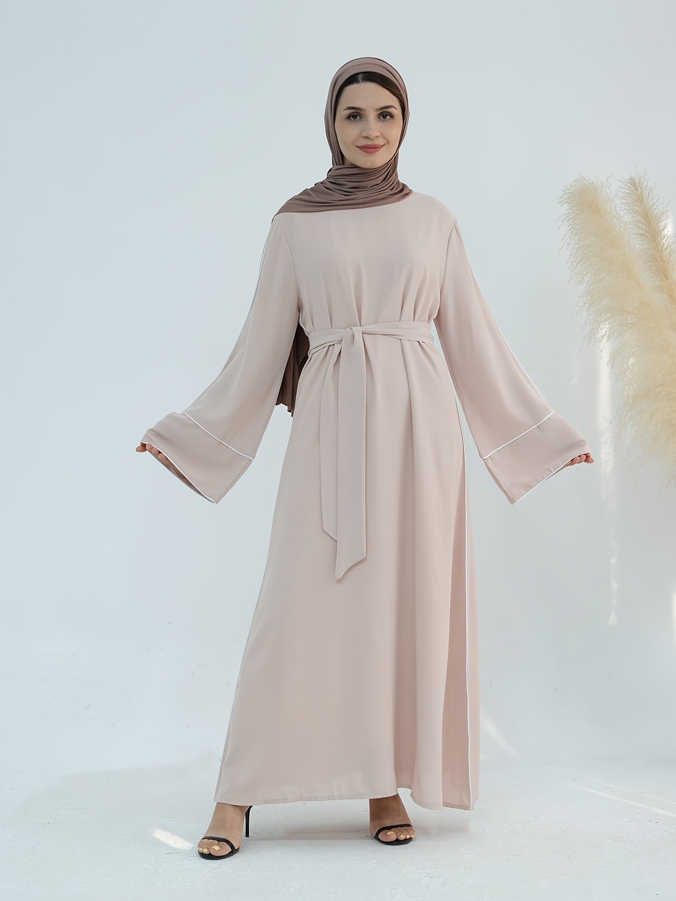 Women's Stylish Solid Color Dubai Turkish Abaya with Lace-Up Waist - Long Robe with Belt, Sleeveless, Polyester, All-Season Wear, Casual Attire|Elegant Attire|Polyester Fabric
