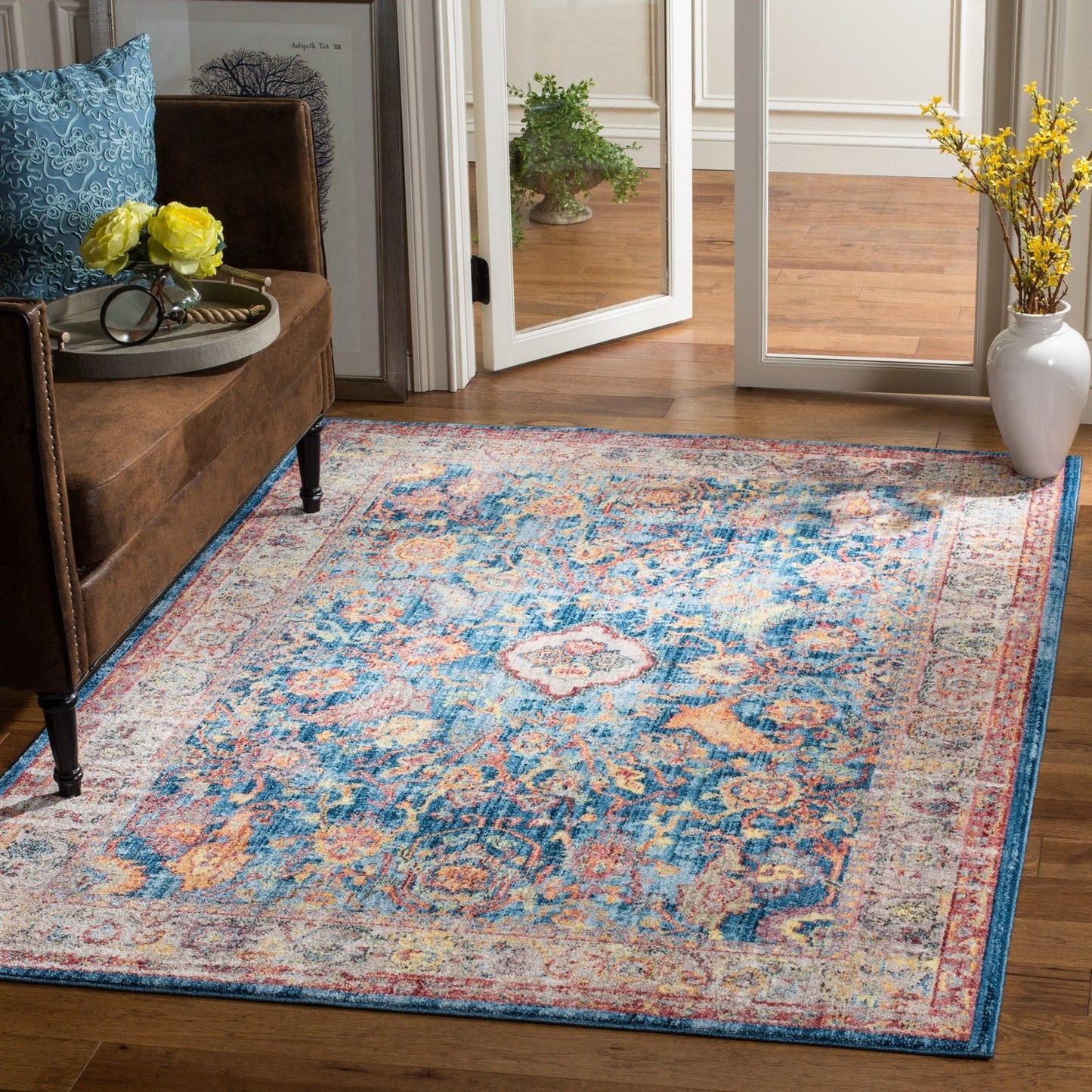 Blue, Rose Coloured Indoor Power Loomed Easy Care Medium Area Rugs For Home Decor Rug for Living Room, Bedroom, Dining Room, Home Office, Basement