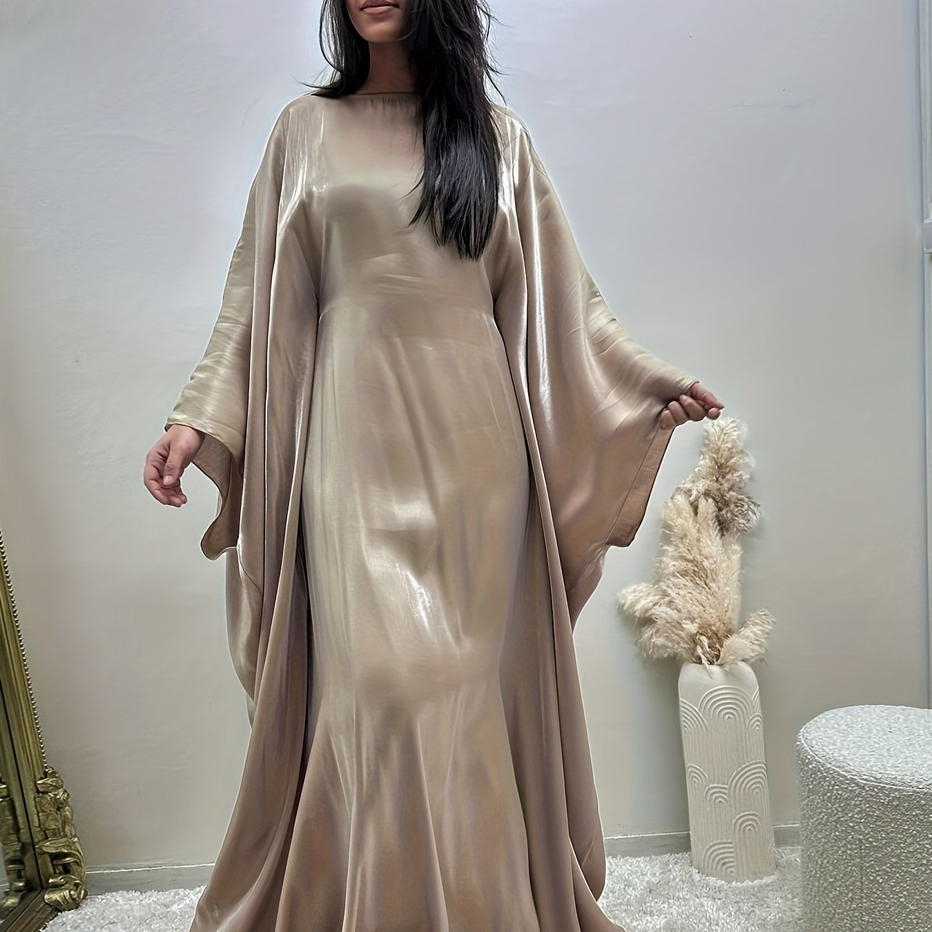 Women's Modest Arabic Abaya Robe Dress - Long Sleeve Asymmetrical Hem Shiny Fabric Cover-Up, Machine Washable All-Season Versatile for Parties Daily Outings, Solid Color Traditional Attire