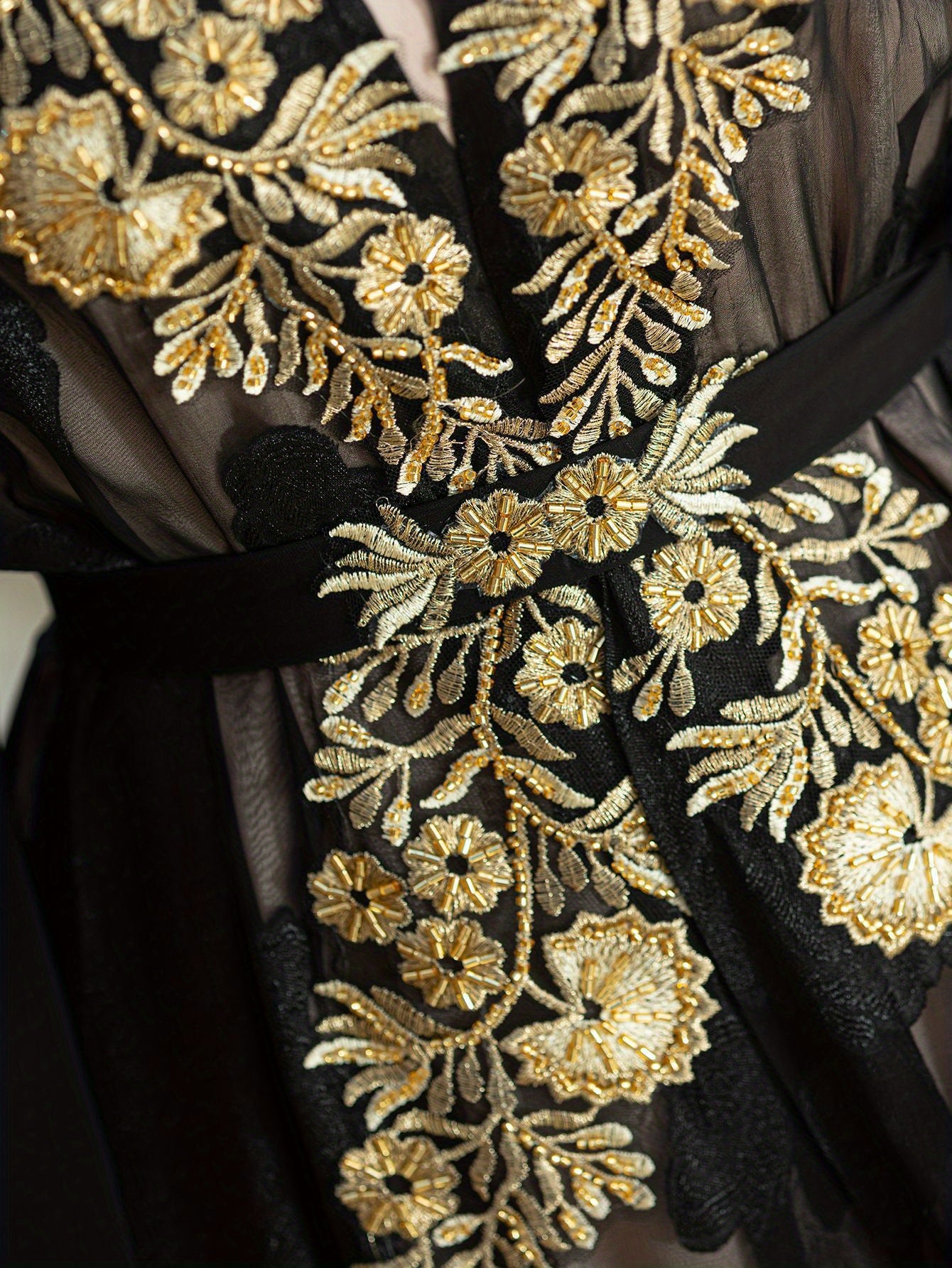 Two-Piece Black and Golden Embroidered Abaya with Belt - Elegant Long Sleeve, Flowing Ethnic Style, Non-Stretch Fabric, Perfect for Spring/Summer, Cultural Attire|Elegant Abaya|Satin Finish