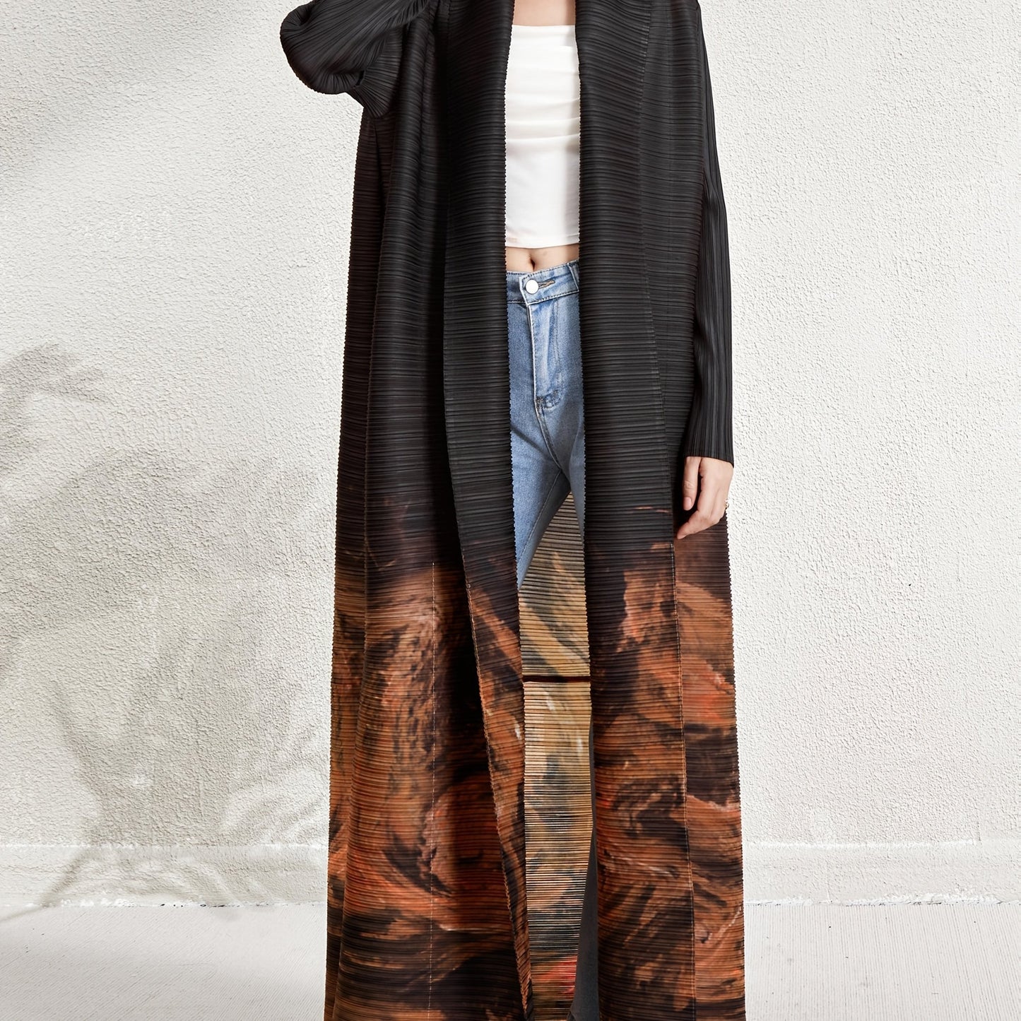 Elegant Middle Eastern Dubai Vacation Abaya Robe - Plus Size Loose Fit Pleated Geometric Print Open Front Cardigan Dress, High Elasticity Machine Washable Long Sleeve Belted