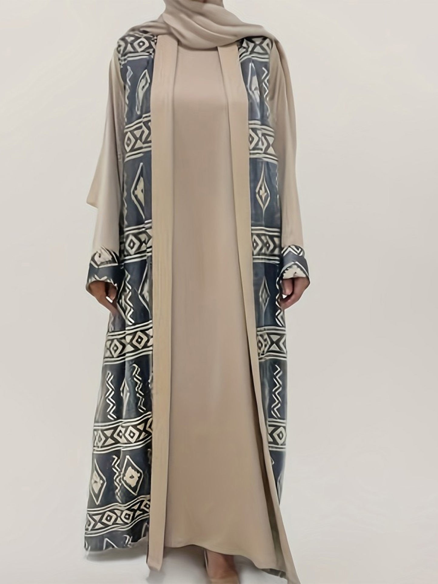 Women Abaya Burqa Long Loose Geometric Print Fake Two-Piece Long Sleeve Dress Middle Eastern Eid Clothes