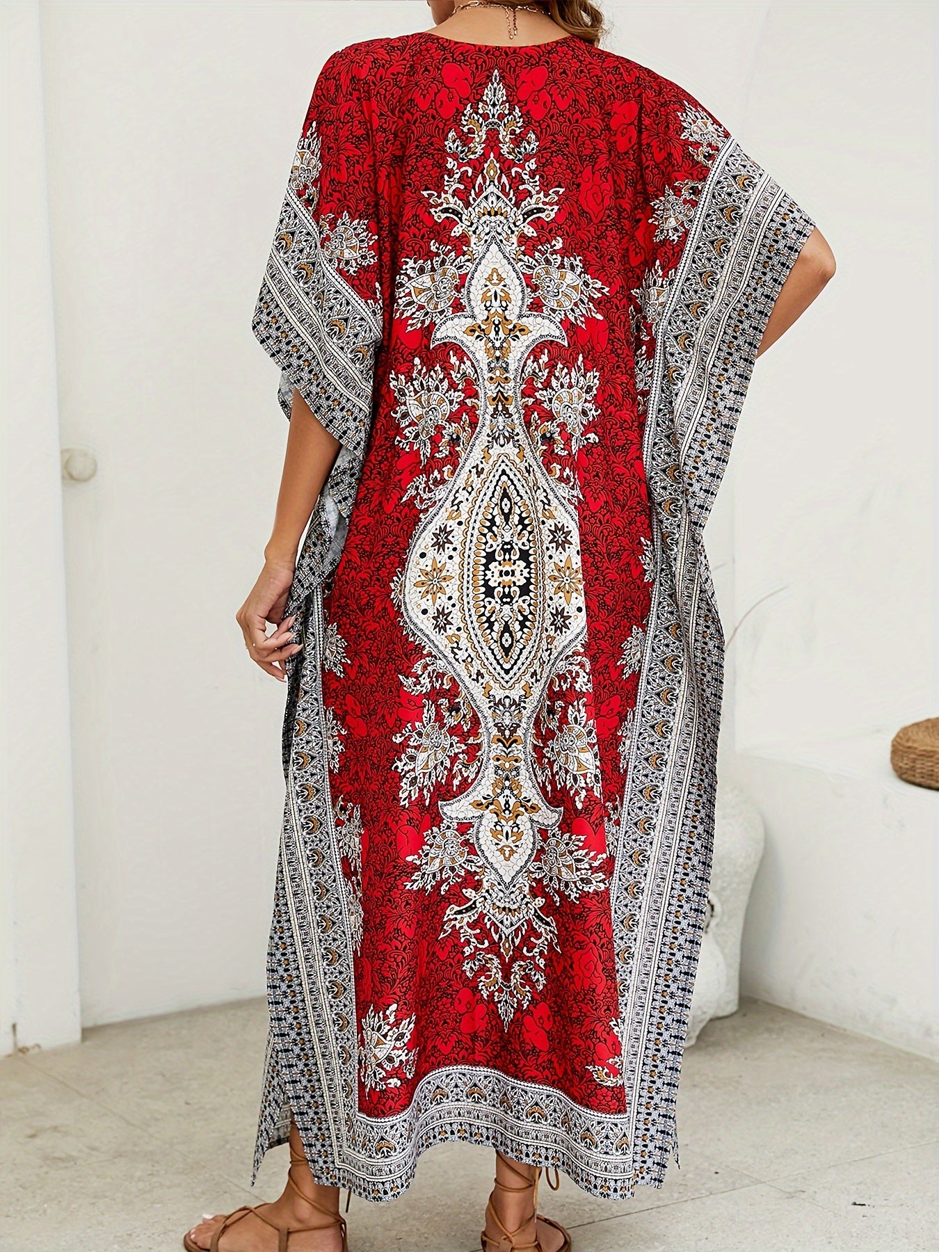 Women's Middle Eastern Muslim Kaftan Abaya, Loose V-Neck Beach Bohemian Party Dress