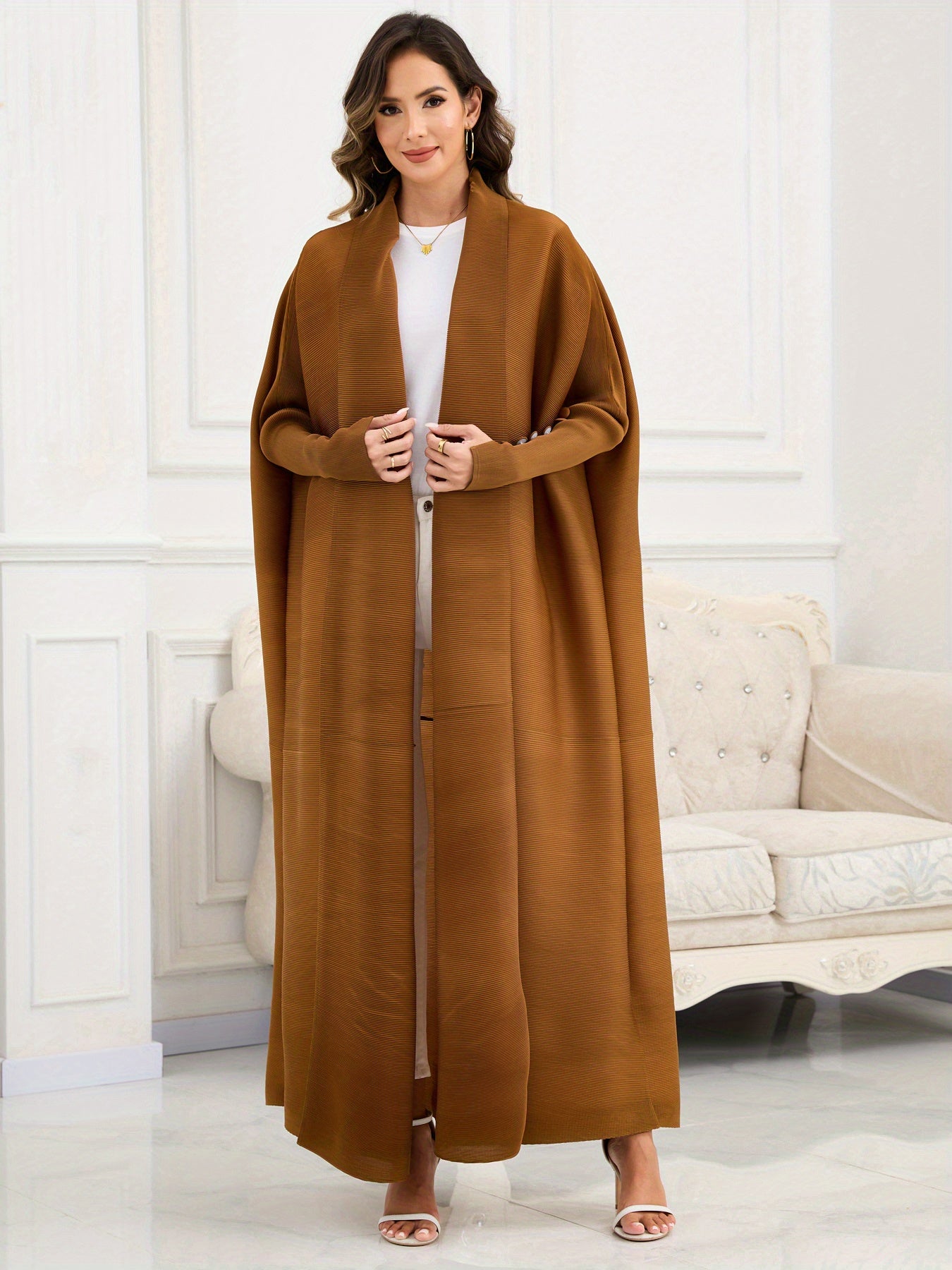 Women's Arabic Abaya with Scarf - Deep Brown Three-Way Pleated Design, Loose Fit, Long Sleeves, Belted Waist, Polyester Blend, Perfect for Muslim Prayer & Casual Wear, Muslim Clothing