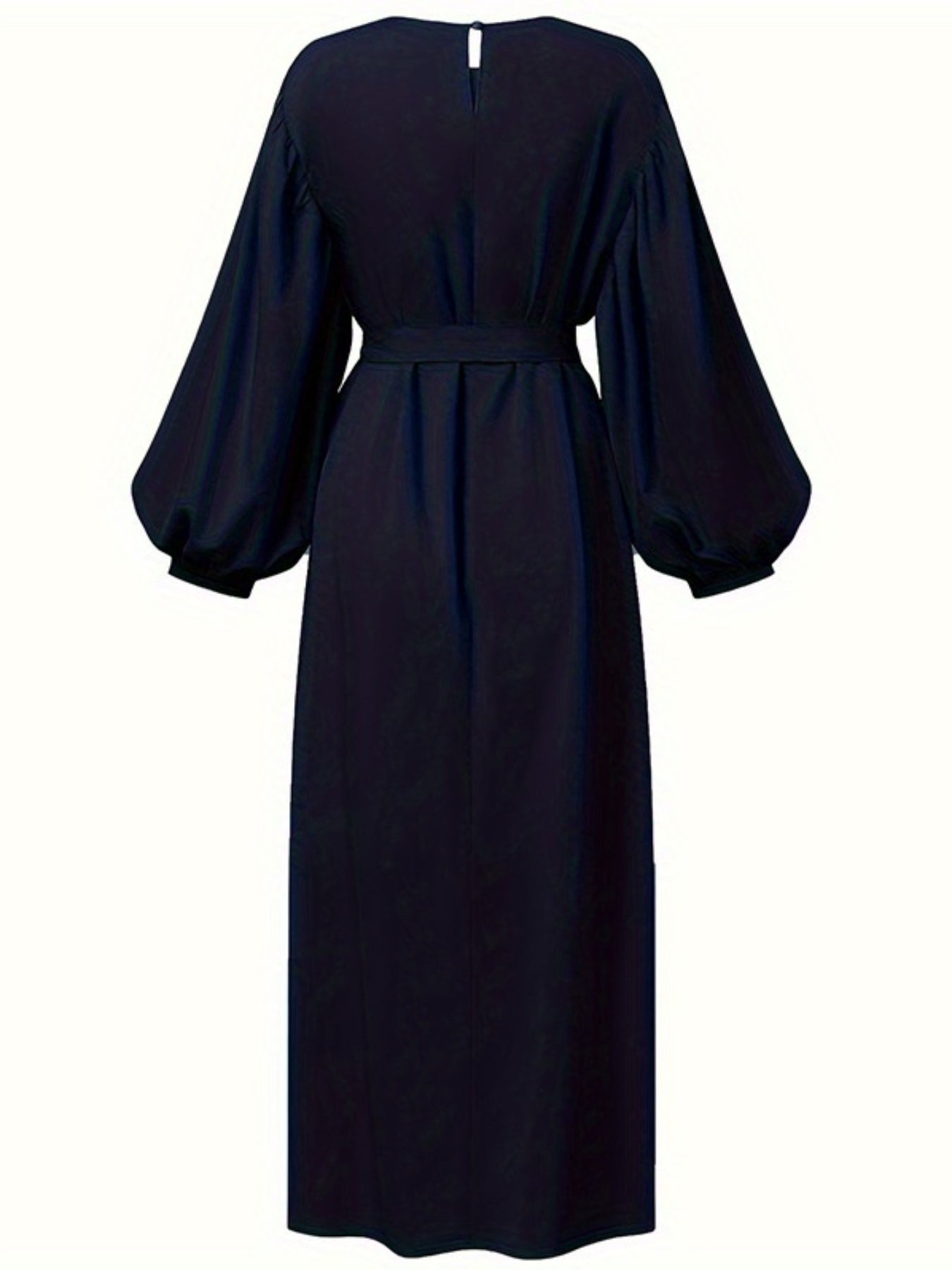 Women's Solid Color Arabic Abaya Dress with Belt - Modern Arabic Style Long Dress, Round Neck Lantern Sleeves, Adjustable Waist Tie, All-Season Casual & Vacation Dress for Women