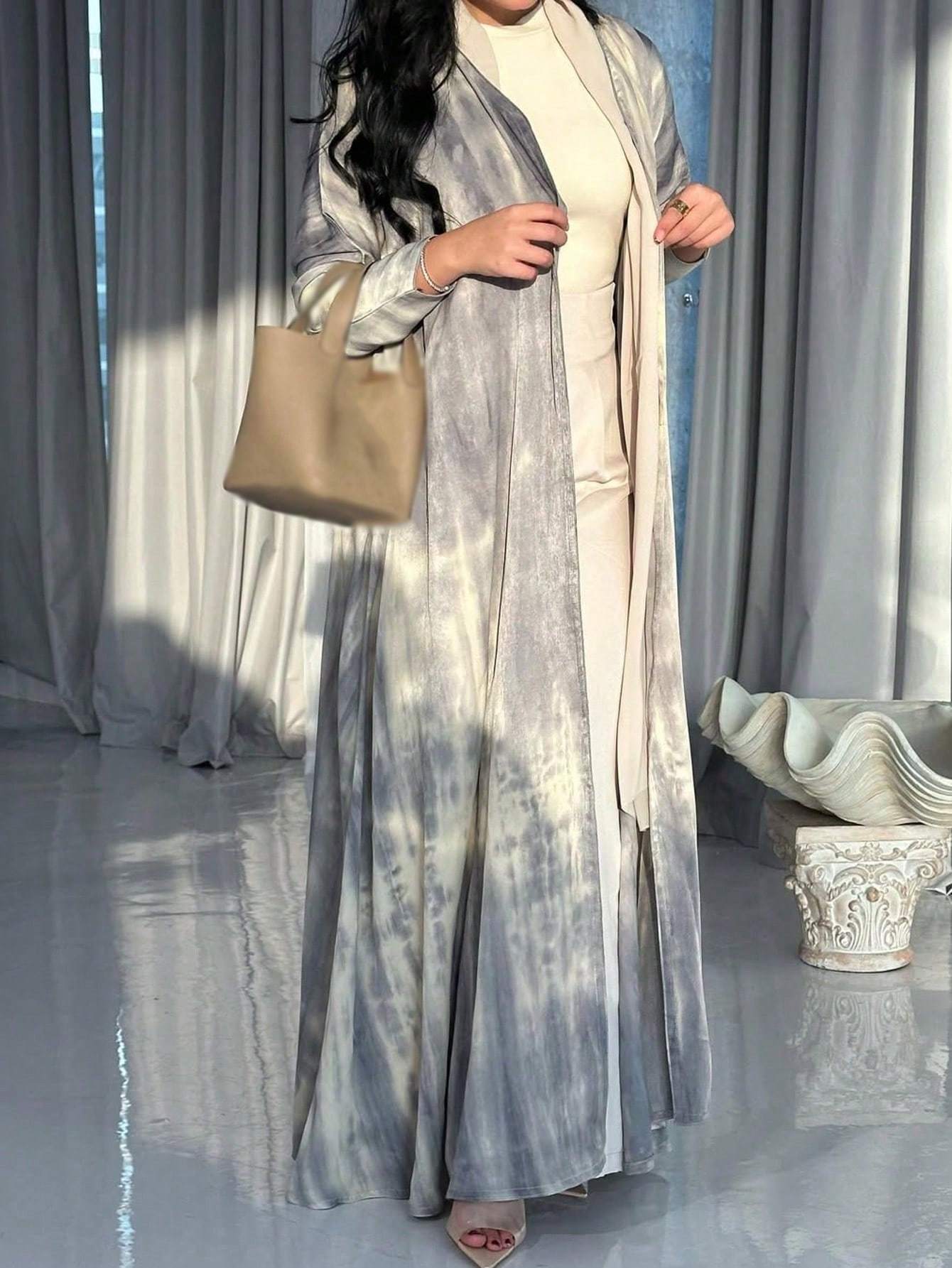 Plus Size, 1pc Women's Plus Size Turkish Abaya Kaftan - Elegant Islamic Robe Maxi Dress in Gray/Beige/White/Black/, Long Sleeve Flowy Kaftan with Asymmetrical Hem, All-Season Formal & Casual
