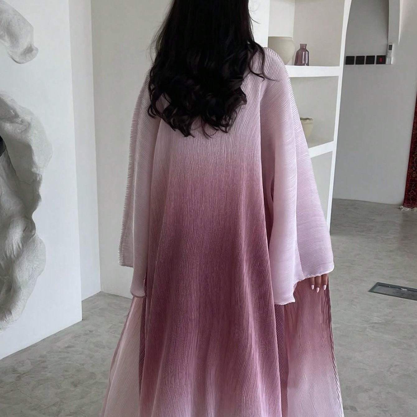 Plus Size - 1pc Plus Size Women's Elegant Abaya - Long Sleeve, Ruffle Bell Sleeves, Loose Fit Floor-Length Kaftan Dress, Non-Stretch Fabric, All-Season Wear, Casual Weekend Outfit