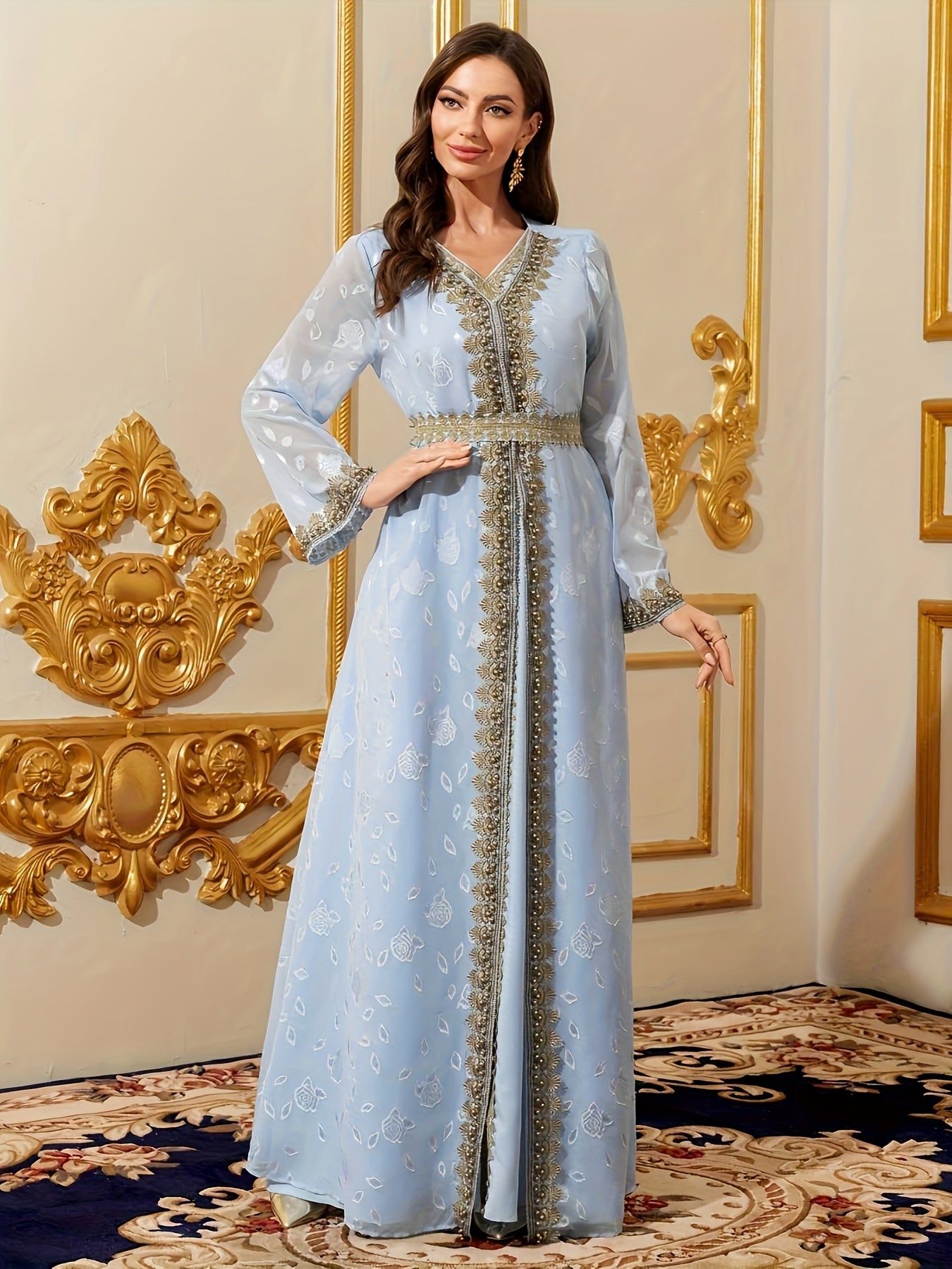 Long Sleeveless V-Neck Abaya Dress | Women's Middle Eastern Arabian Lace-Trimmed with Golden Embroidery & Adjustable Waist Belt | Modern Silklike Fabric for Festive Performances, Weddings