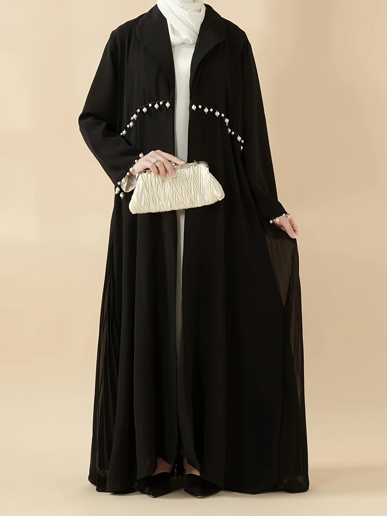 Elegant Pearl-Embellished Black Emirati Abaya with Ruched Detail - Long Sleeve, Floor-Length, Summer Wear for Women, Versatile Fashion|Ruched Abaya|Pearl Embellishments