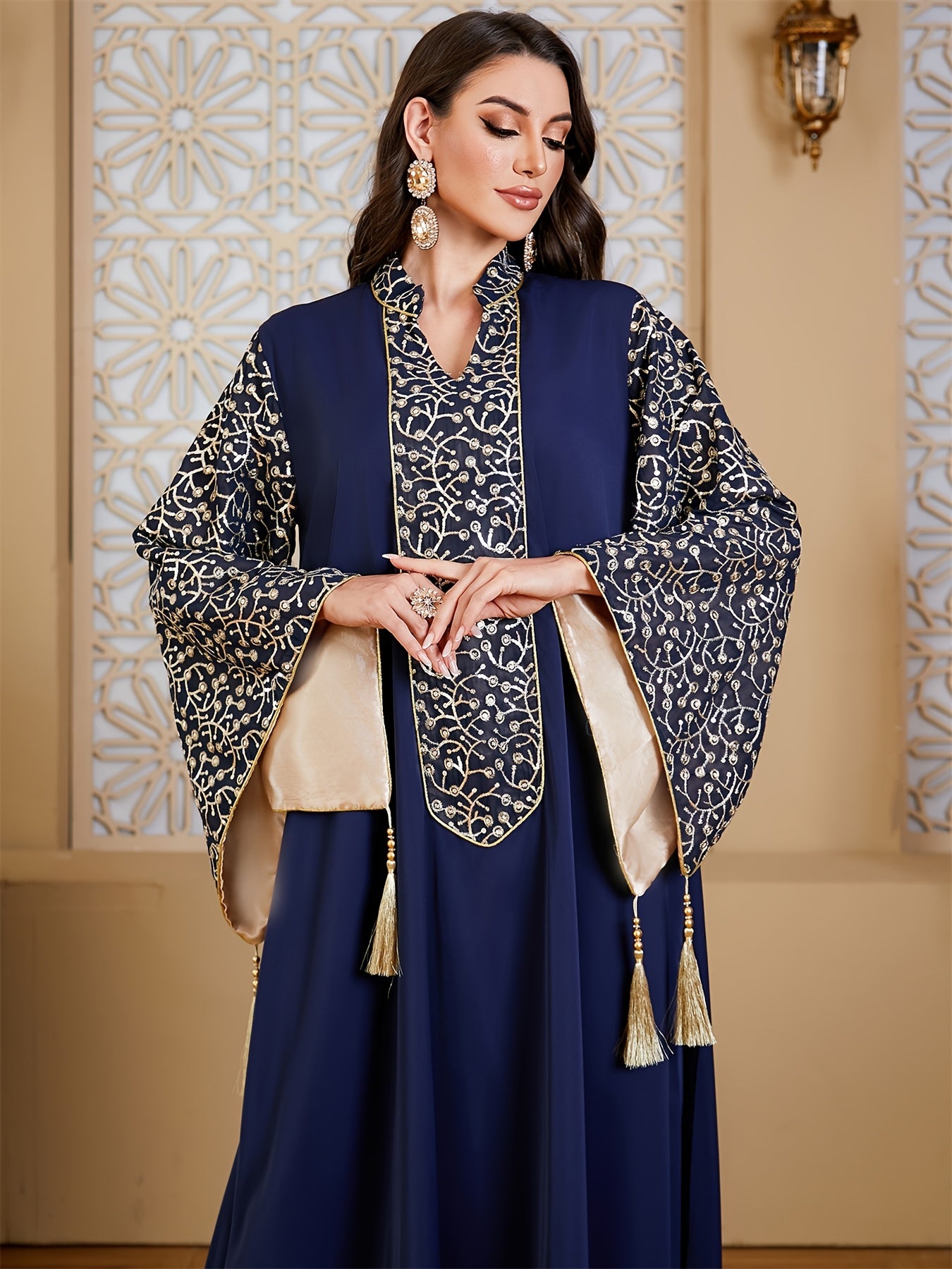 Elegant Muslim Kaftan Abaya Evening Dress with Floral Embroidery & Tassel Flare Sleeves - Navy Blue Maxi Abaya for Women, Middle Eastern-Inspired Traditional Gown, Hand Wash/Dry Clean