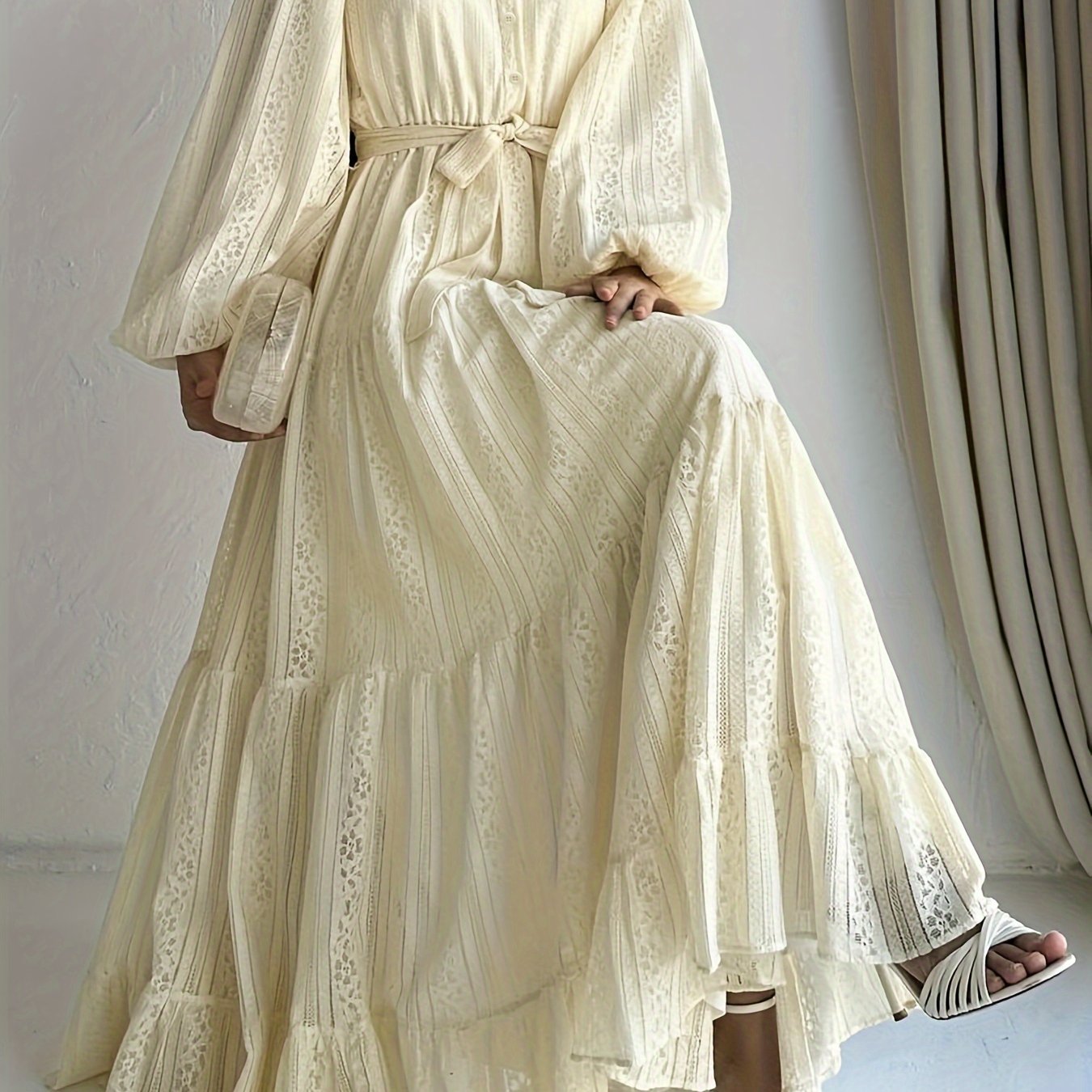 Elegant Women's Palestinian Abaya Dress | Long Sleeve, Floor-Length, Machine Washable, Modest Traditional Robe with Lace Overlay - Casual & Formal Wear, Allseason Outfit