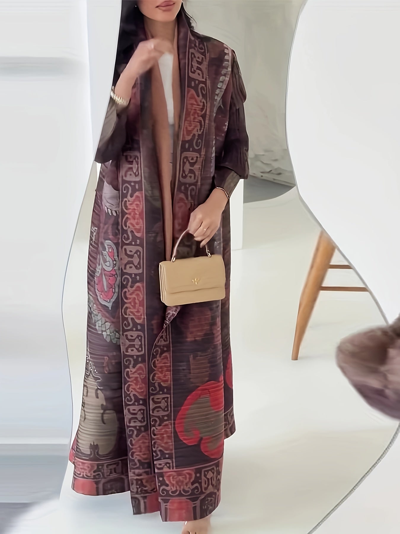 Elegant Oversized Kaftan Dress with Intricate Print - Loose Long Sleeve, Open Front Abaya, High Stretch Fabric, Perfect for Spring & Fall, Commuting Fashion, Elegant Attire | Elegant Sleeve Dress