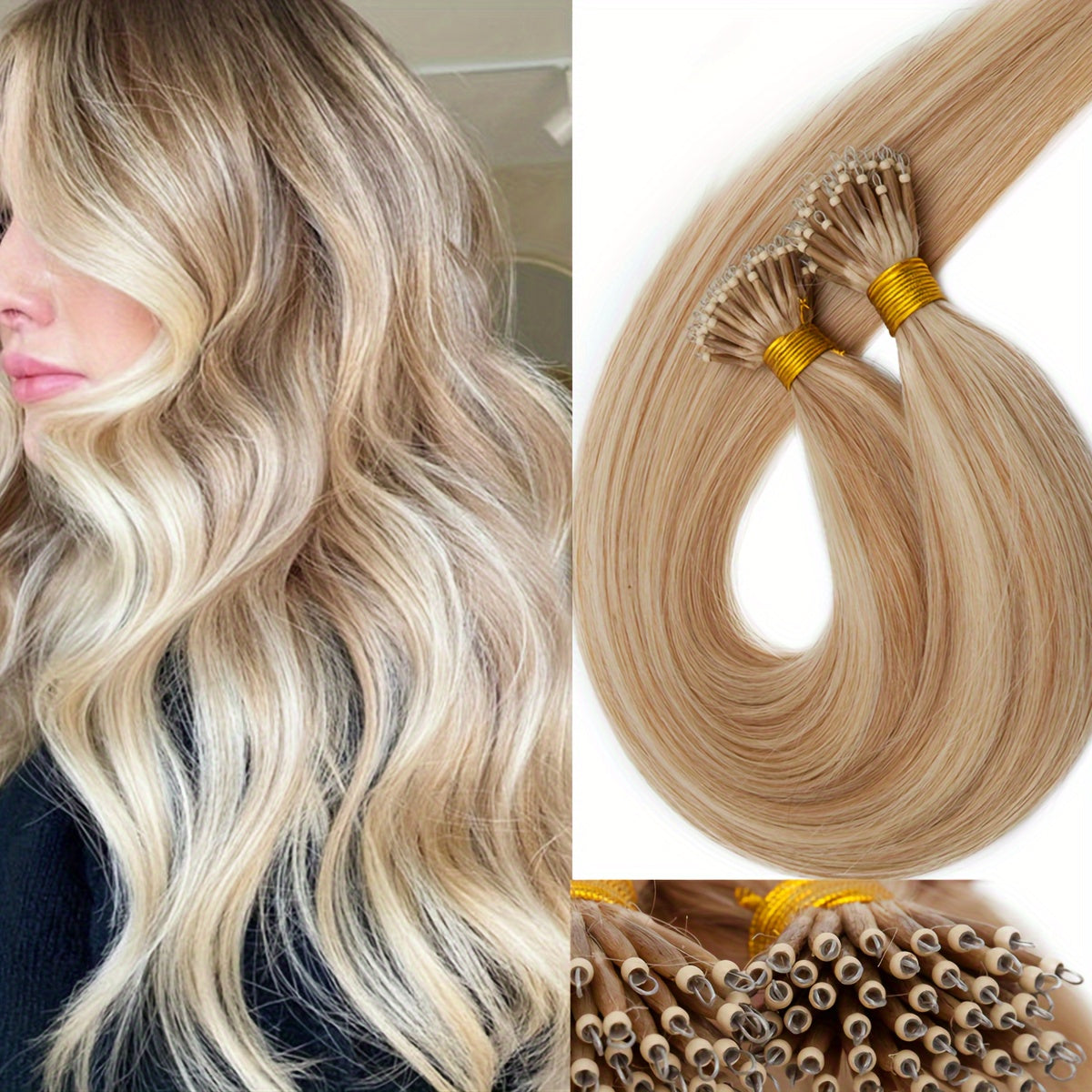 100% Human Hair Extensions - 50 Strands Nano Rings, Thick, Smooth, Remy Hair